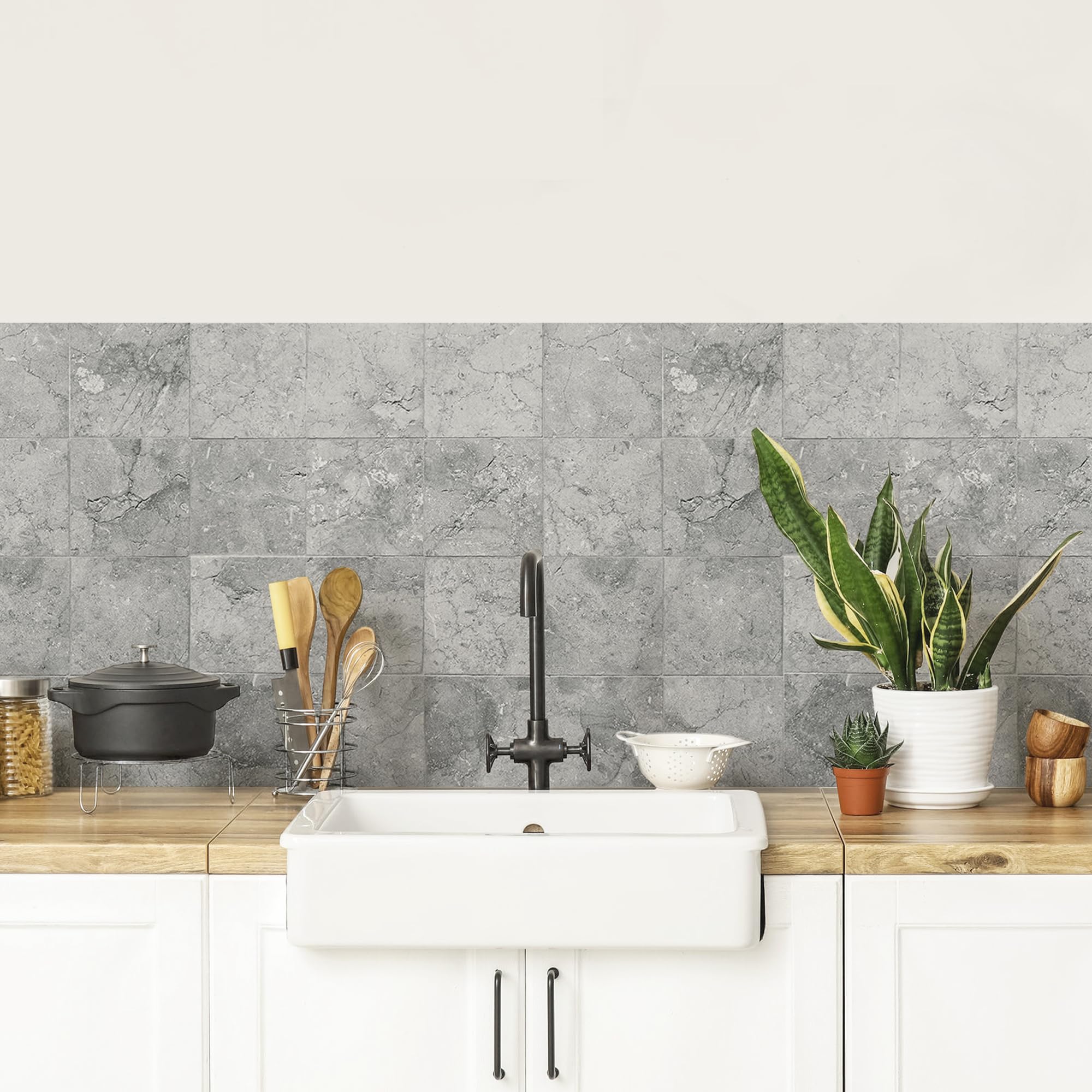 CREARREDA Kitchen Sign, Kitchen Sign, Easy to Apply, Grey Tile Pattern, 190 x 60 cm, 100% Made in Italy, PVC, Fireproof and Water Resistant, for Sinks