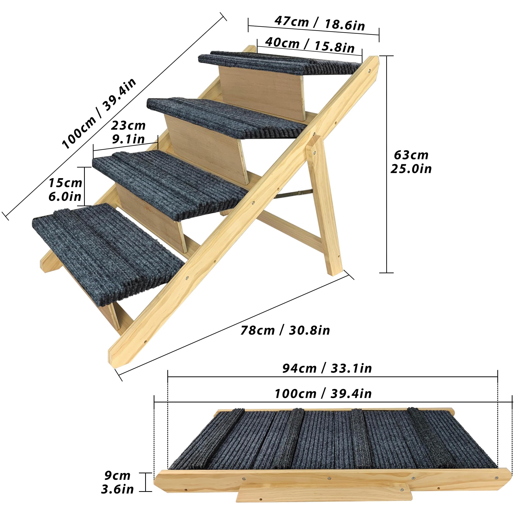 FIVMEN Scaletta per cani 2 in 1 Rampa per cani in legno pieghevole Regolabile in altezza con tappetino antiscivolo Scaletta per animali domestici per letto e divano, 100x47x63cm