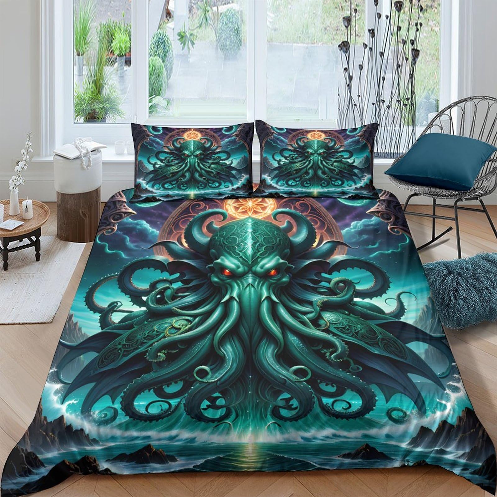 Ctjqhvkz Style-6 3D Printed Cthulhu Tentacle Fitted Sheet Microfiber Soft Green Octopus Bed Cover For Bedroom Dorm Mattress Protection Decor Single（135X200cm）