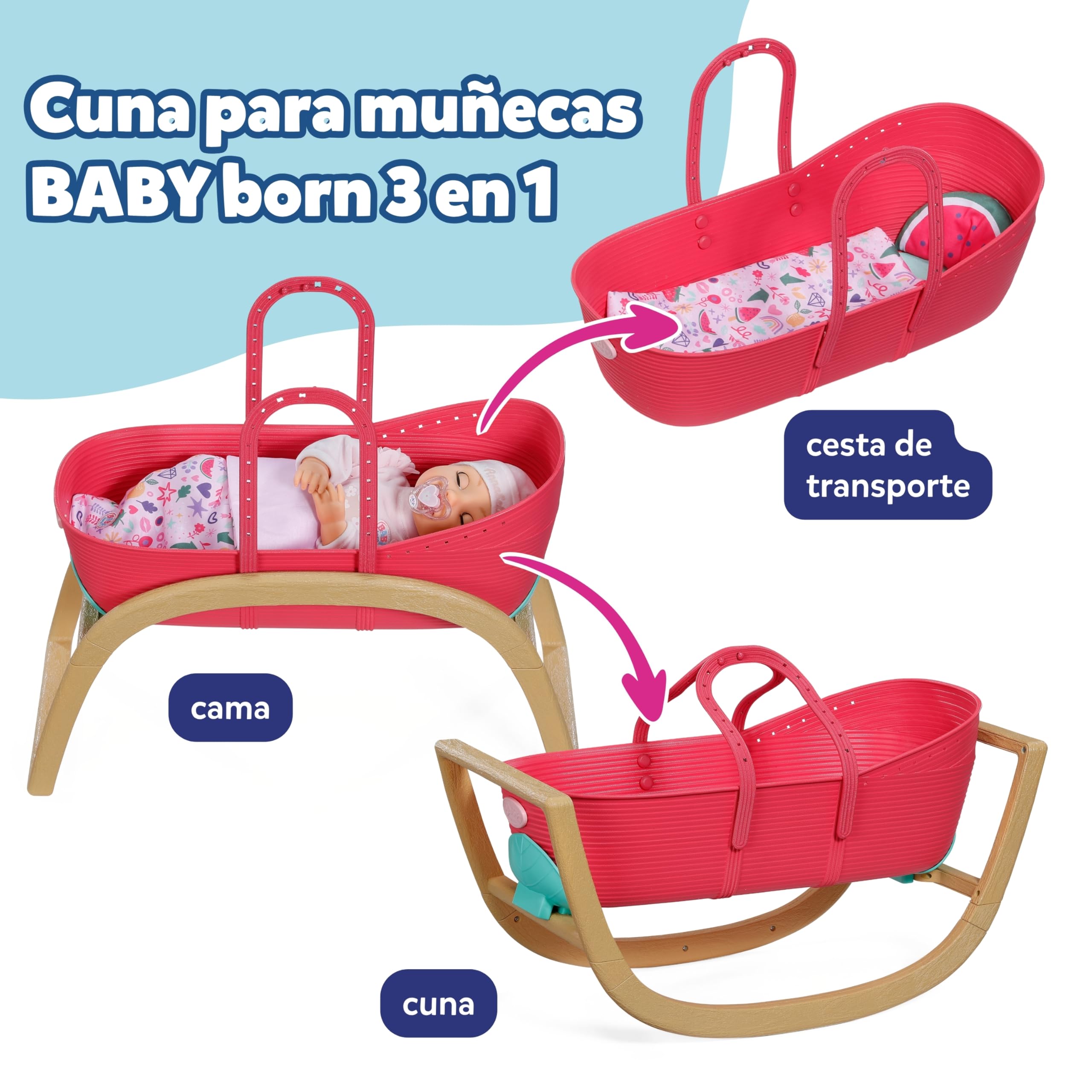 Baby born 3 en 1 Cuna Pinplay – Cuna, Cama y capazo con Pines Decorativos – Incluye Manta y Almohada – Accesorio de muñecas Apto para niños a Partir de 3 años