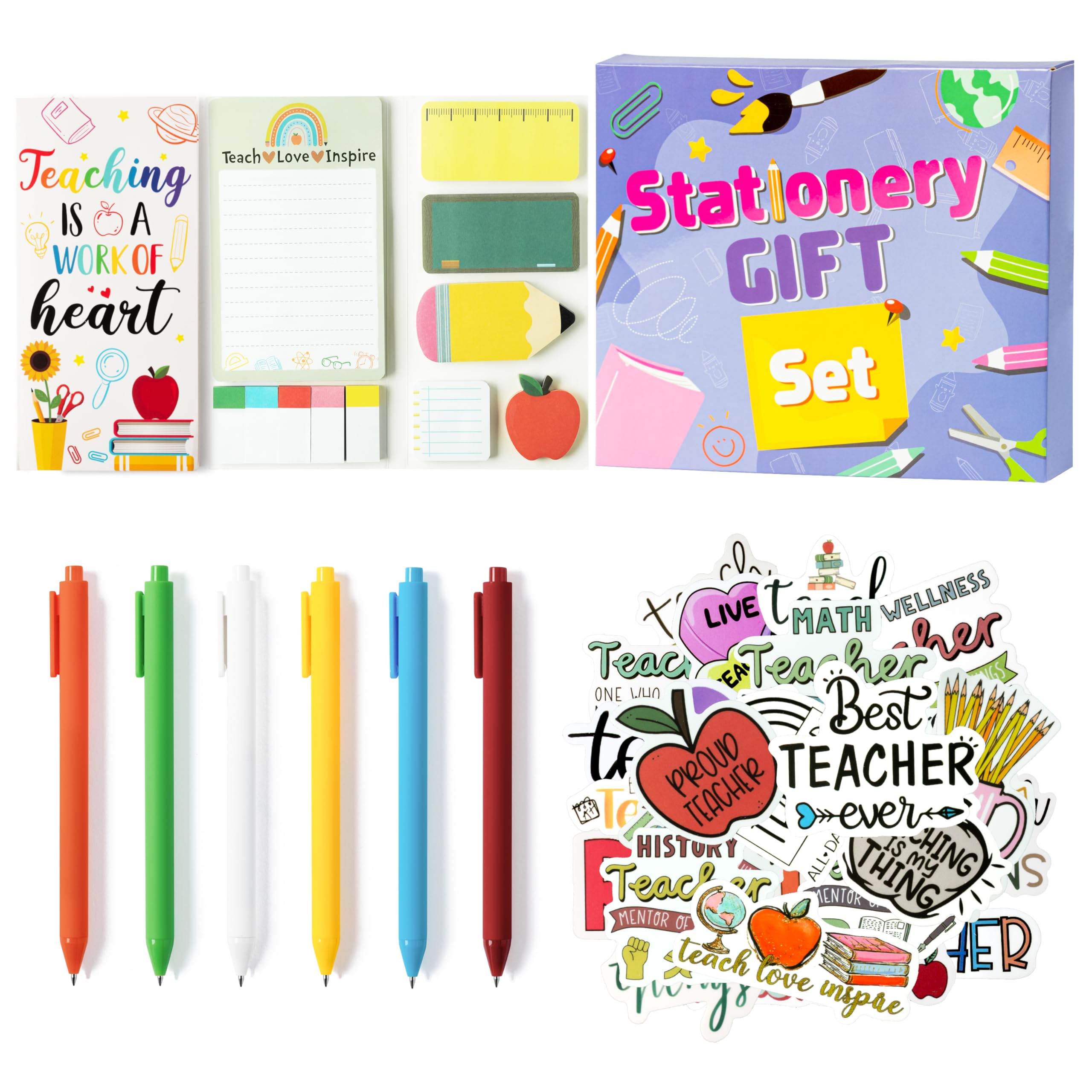 Xqumoi 3 Pack Teacher Sticky Notes with Pen Stickers Stationery Set Black Gel Ballpoint Pens Teacher Self-Stick Notes Pads Rainbow Apple Vinyl