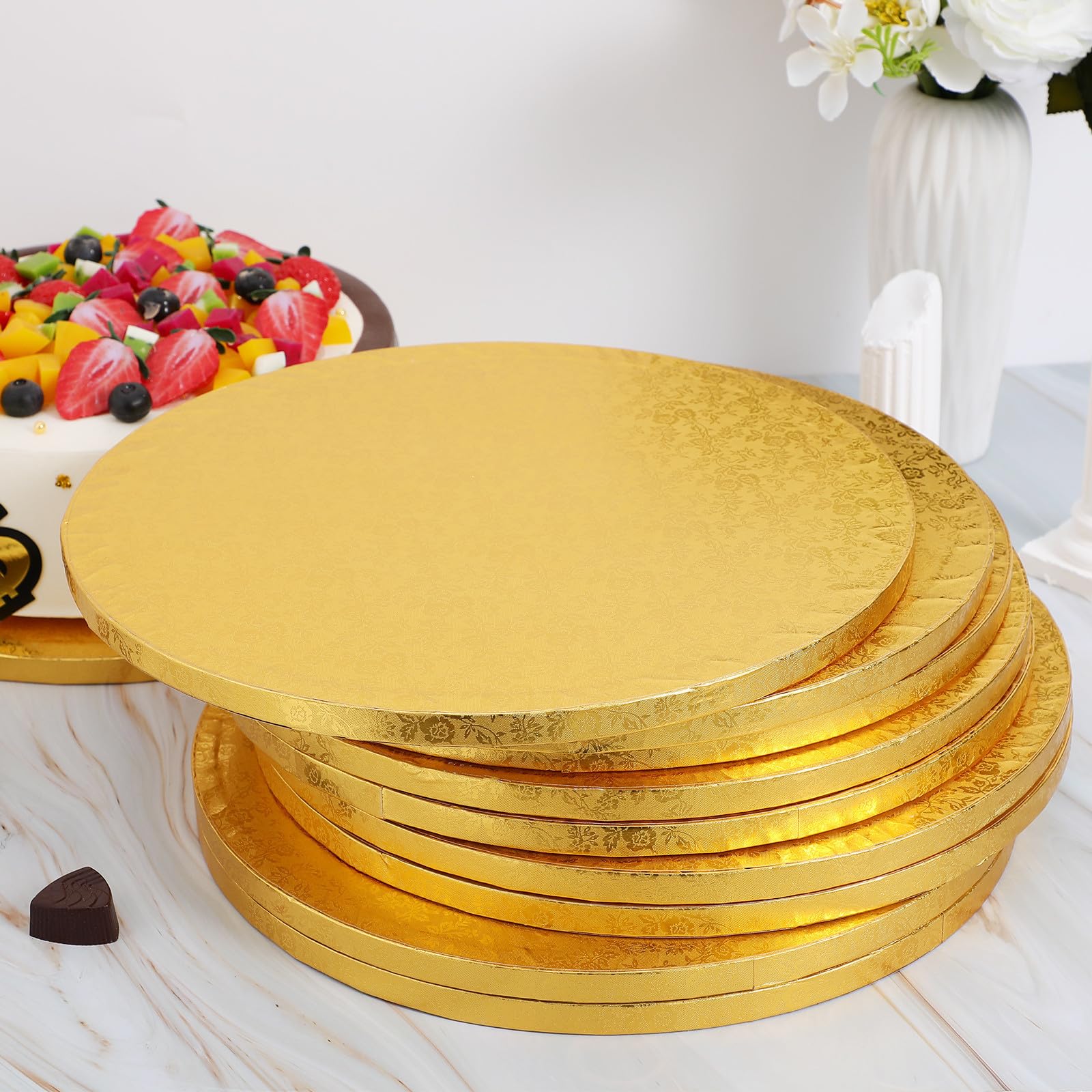 10 Pièces Plateau à Gâteaux Rond en Papier Or 12 Pouces, Support