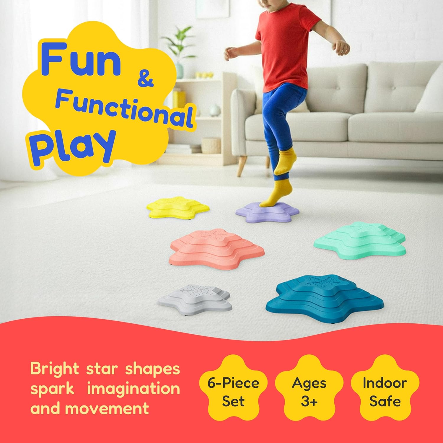 Kinderific Stepping Stones for Kids and Toddlers, 6 Star-Shaped Balance Stones, Sensory Play Toy for Ages 3+, Non-Slip, Indoor Outdoor, Multicolor
