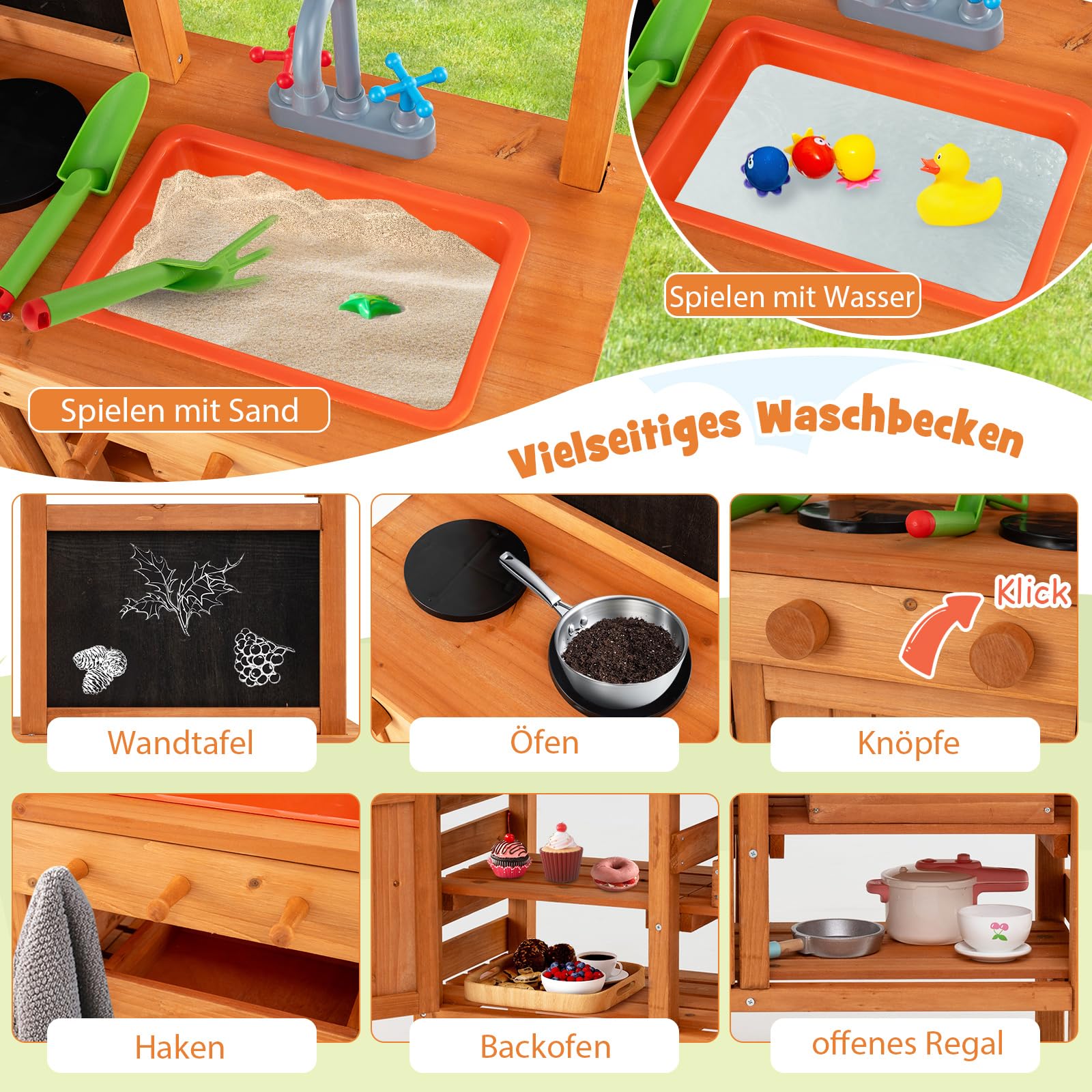 COSTWAY Matschküche Kinder Outdoor, Kinderküche Holz mit Sonnendach & Tafel & Pflanzbechern & Schaufeln, Spielküche mit Herd Spüle Schublade, Gartenküche Outdoor Küche für Kinder ab 3 Jahren