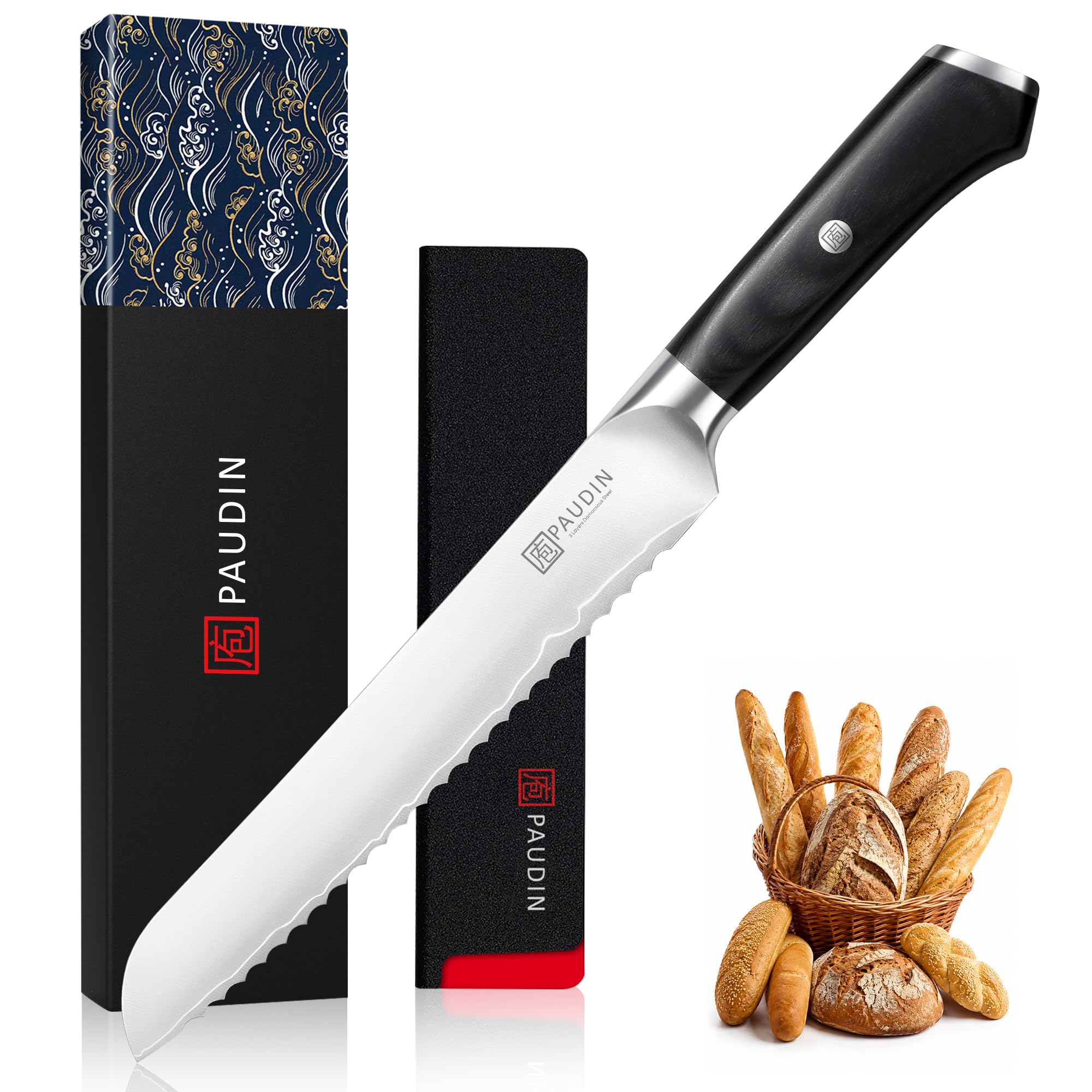 PAUDIN Brotmesser 20 cm mit Wellenschliff Brotschneidemesser profi scharf | aus hochwertigem Edelstahl mit ergonomischem Holzgriff präzises sauber und müheloses Brot Schneiden für Brot und Brötchen