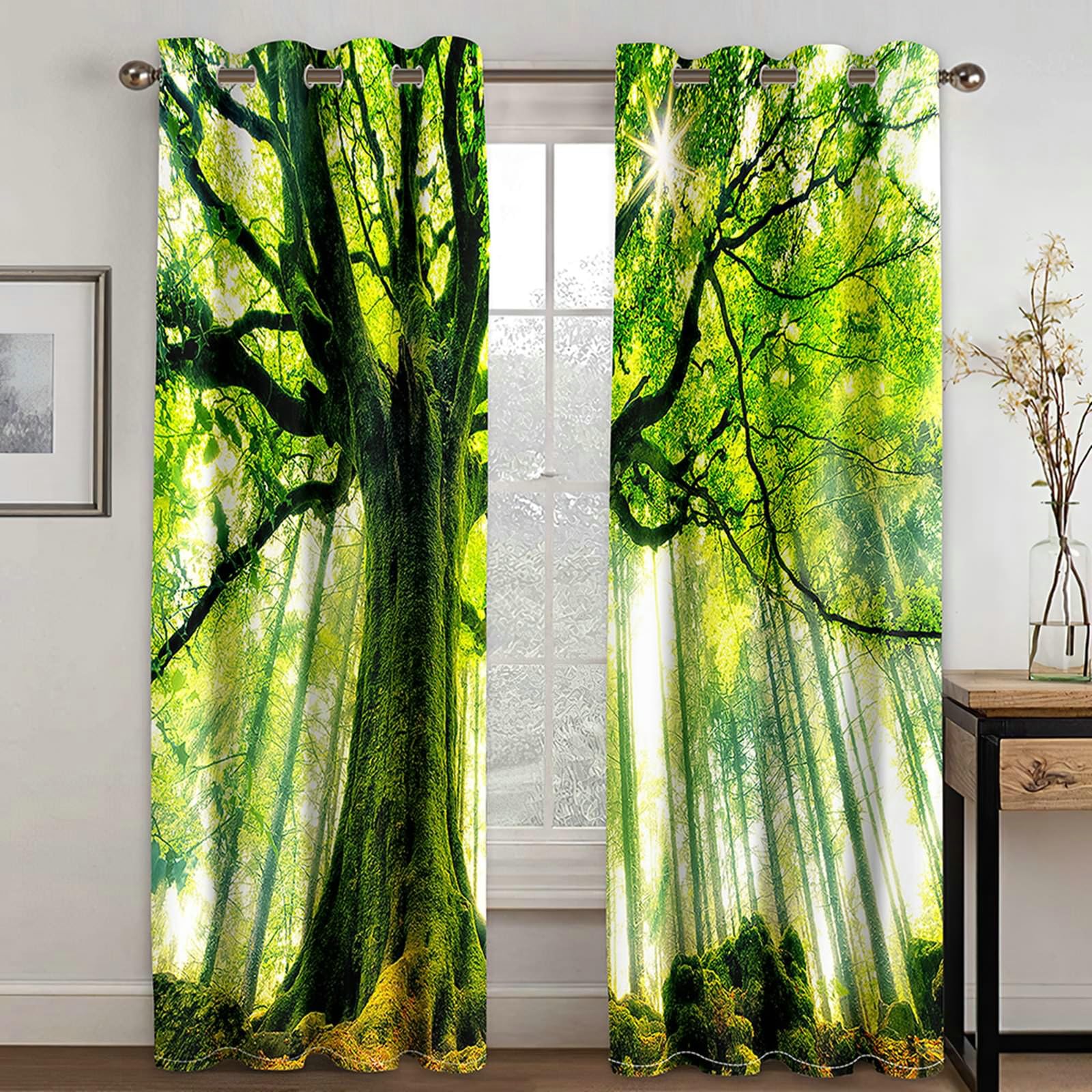 Gardinen Verdunkelung 2er Set 132x244CM, Vorhänge Blickdicht Fenster Natur Grün Bäume und Sonnenschein Verdunklungsvorhänge mit Ösen Jugendzimmer