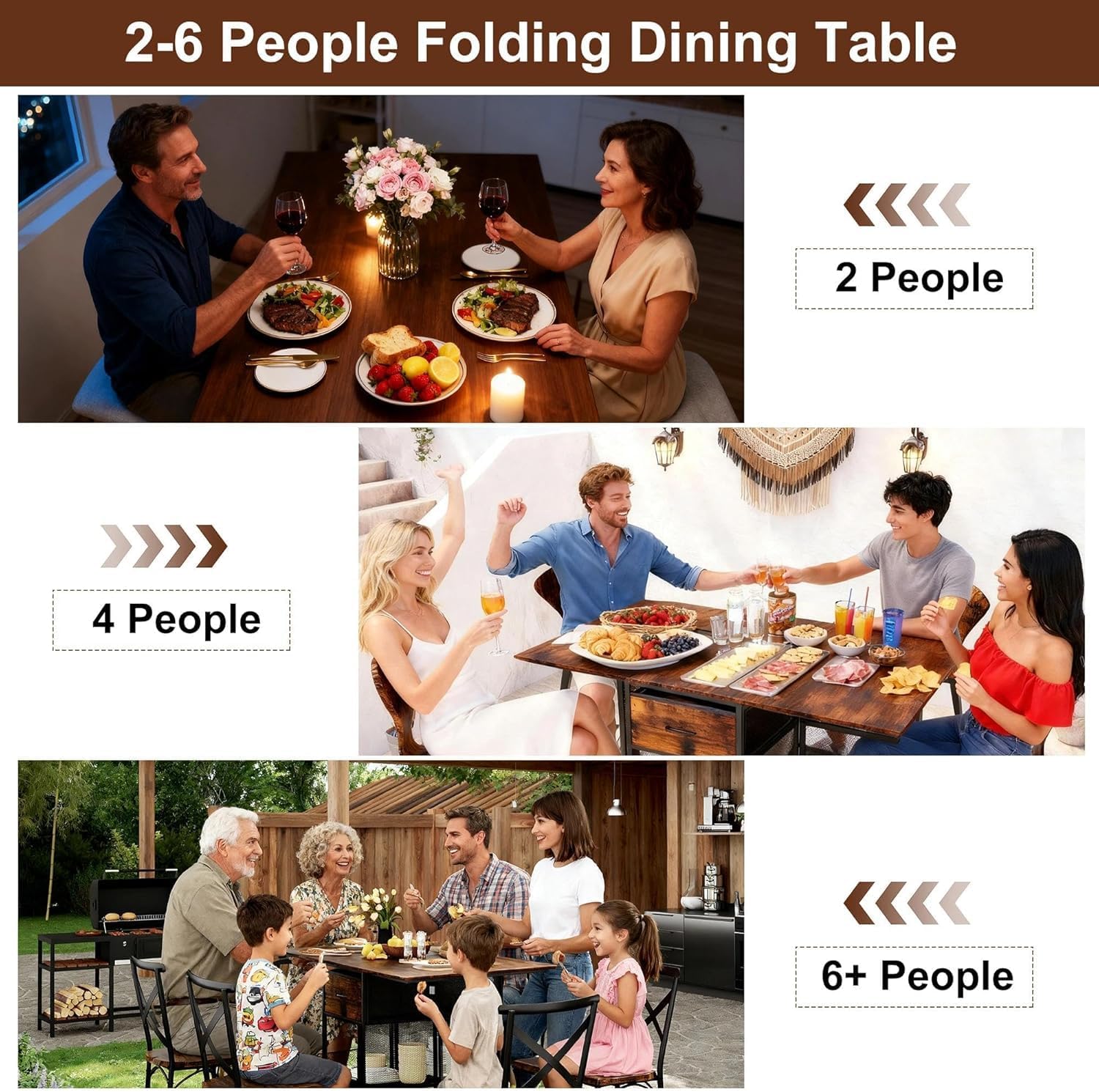 Drop Leaf Folding Dining Table, 4-6 People Large Heavy Duty Foldable Kitchen Table with 2 Drawers & 6 Wheels, 2-Layer Storage Shelf for Small Space Dining Room Patio Outdoor Camping, Black/Antique