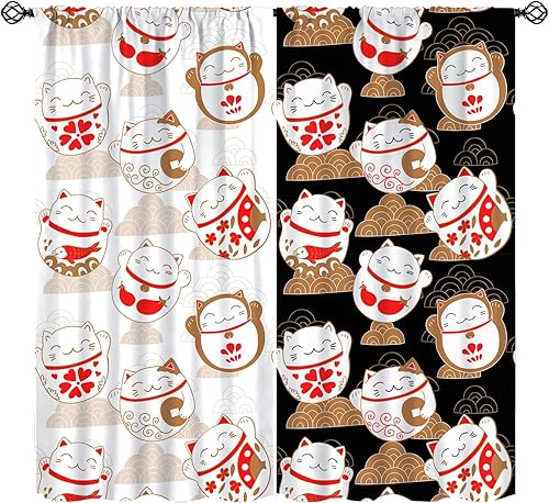 Miniatura 23 de Cortina japonesa, pintura de tinta tradicional retro con diseño de gato rojo cerezo en flores, cortinas con aislamiento térmico y bolsillo
