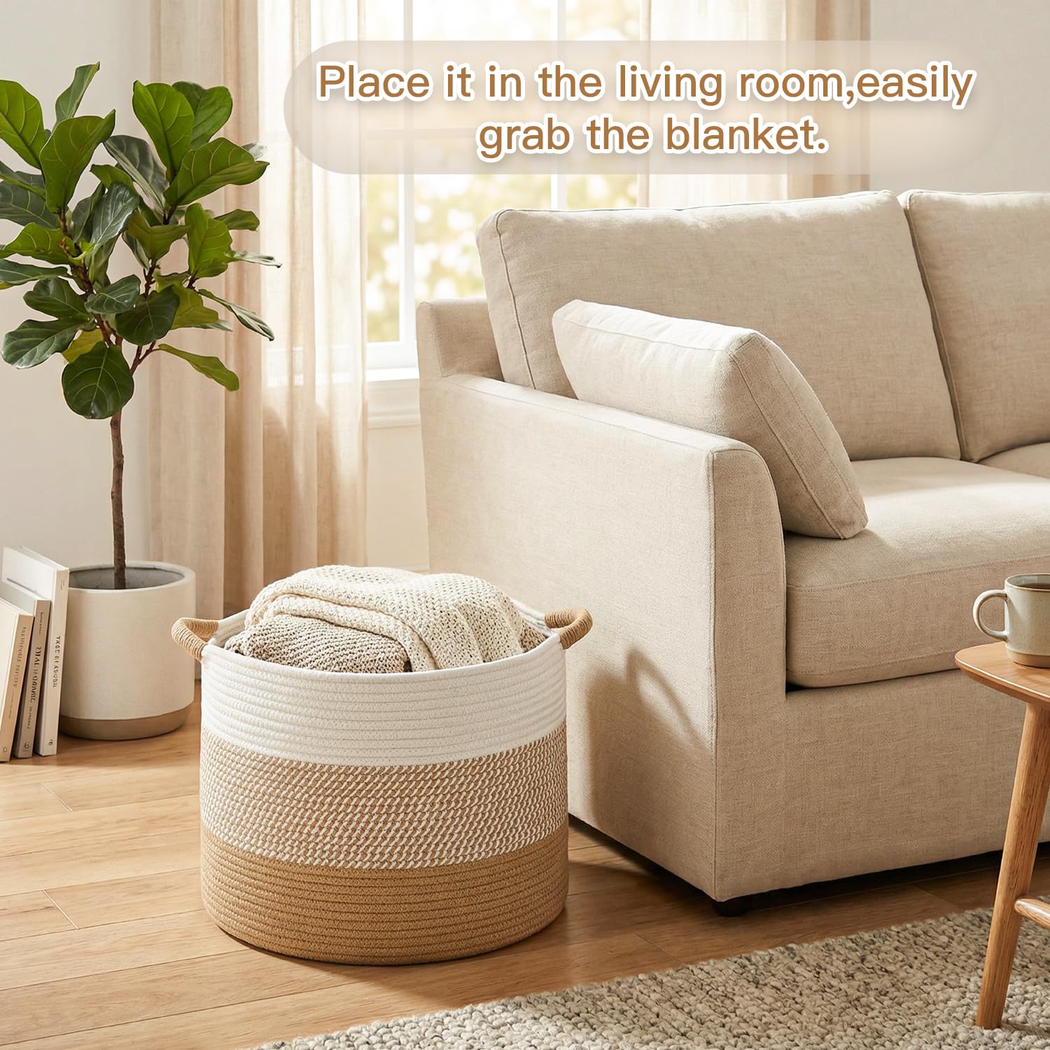 Artfeel Cesta grande de cuerda de algodón de 70 L decorativa, almacenamiento de fieltro tejido para sala de estar, almacenamiento de juguetes boho y caja de juguetes para niños, cesta de lavandería