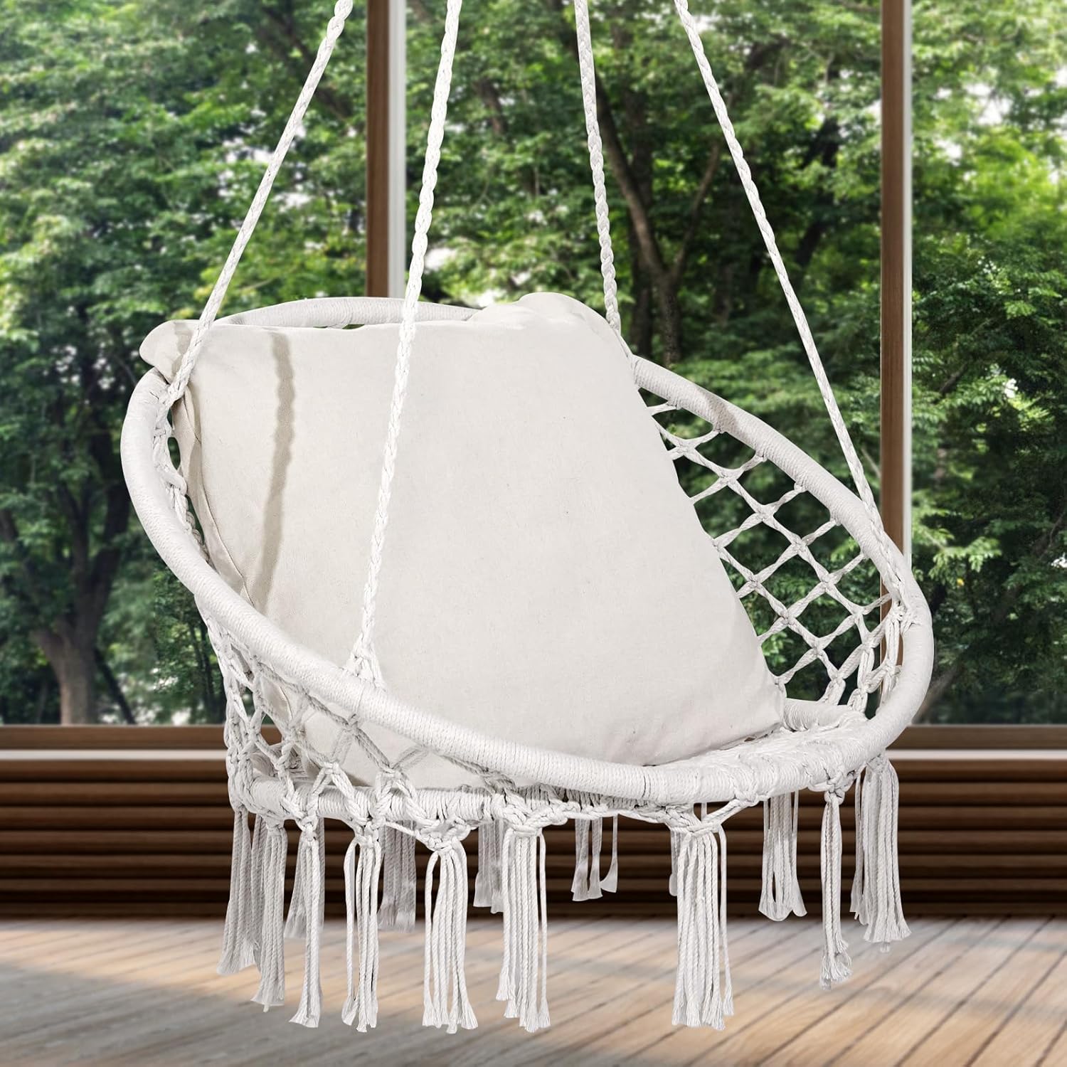 VEVOR Hanging Hammock Swing Chair, 330 lbs Capacity, Macramé Hanging Chair with Cushion and Mounting Hardware, Cotton Rope Swing Chair for Bedroom, Balcony, Patio, Garden, White