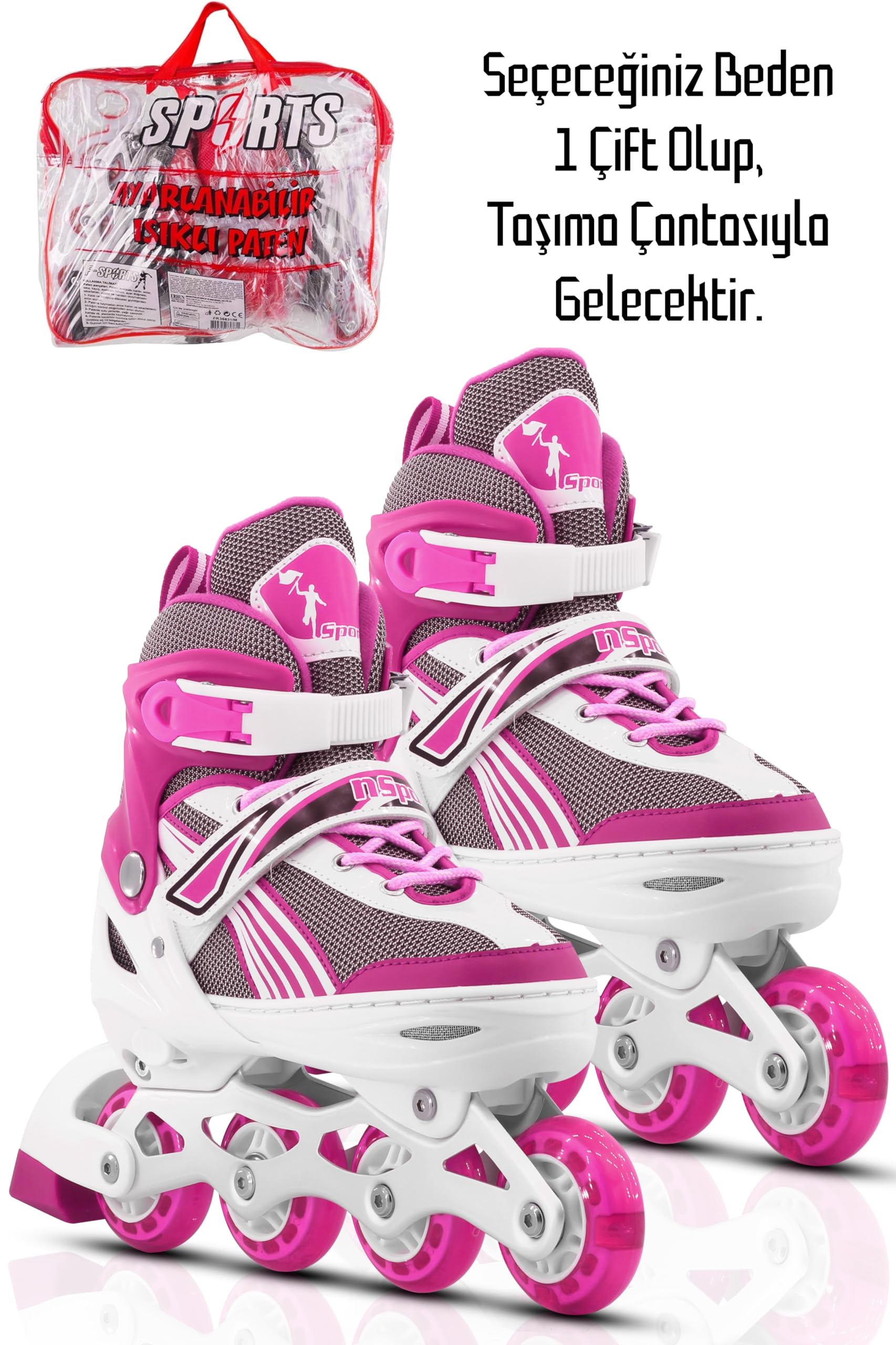 Metal Taban Paten Işıklı Ayarlanabilir Tekerli ve Bedenli Alıştırma Çocuk Genç Pateni 8780 (Pembe, No: 30-33)