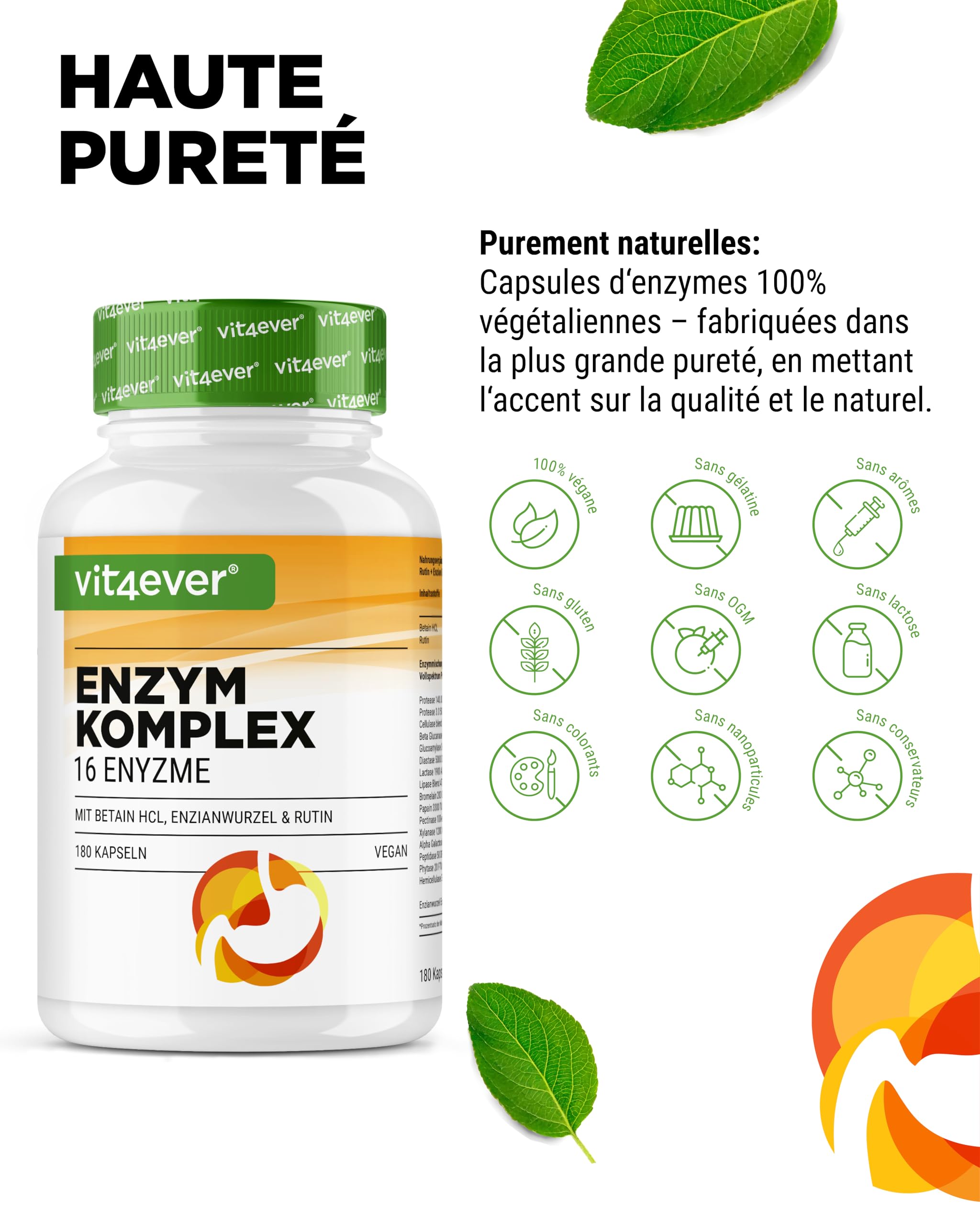 Enzymes Digestives - 180 Gélules avec 16 Enzymes plus Bétaïne HCL, Rutine & Racine de Gentiane - Avec Bromélaïne, Papaïne, Amylase, Lipase, Protéase, Lactase - Végétalien - Fortement Dosé