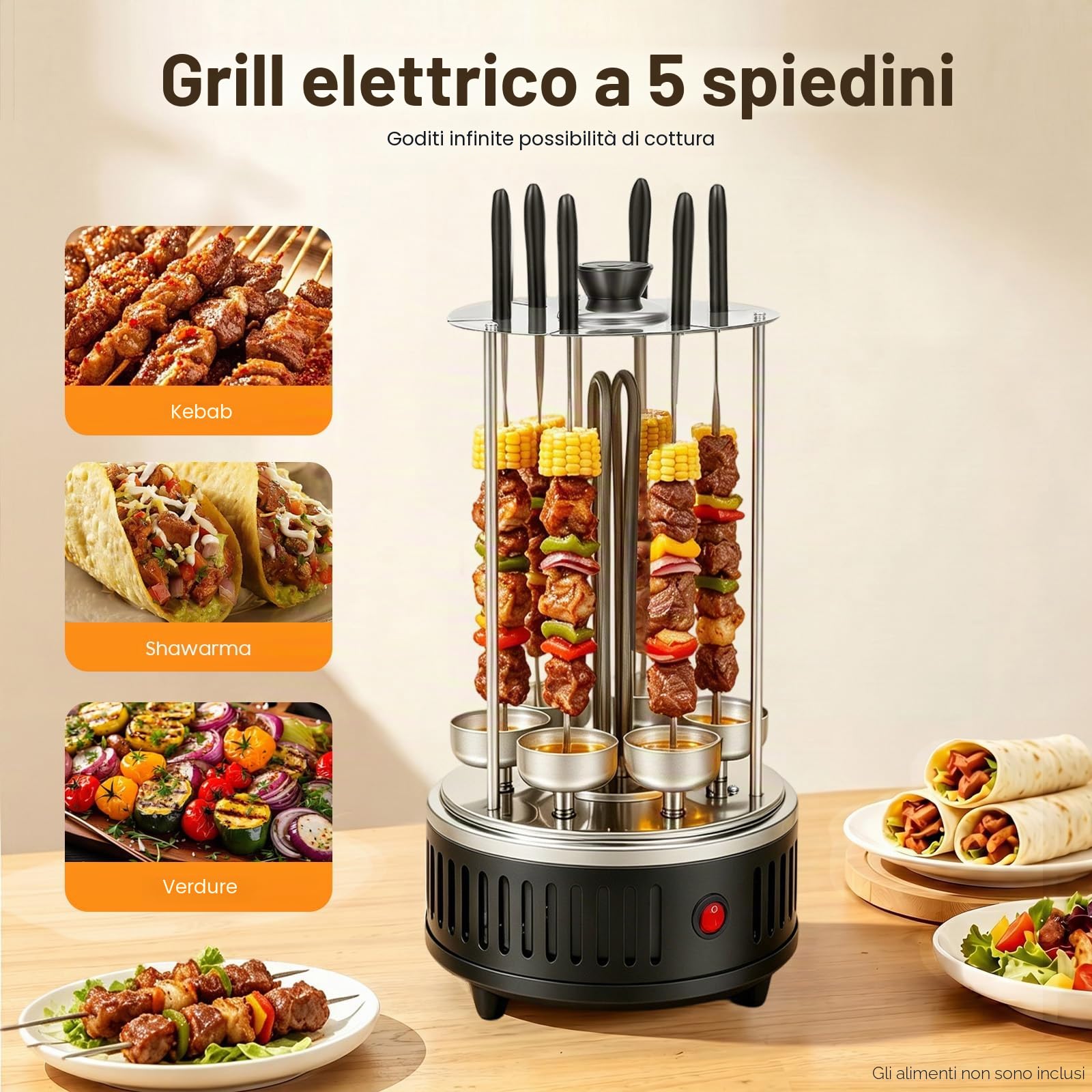 Griglia elettrica verticale, griglia verticale per girarrosto elettrico, con 5 spiedini, 5 vaschette raccogli grassi, per kebab, shawarma, girarrosto, 20 x 37,5 cm