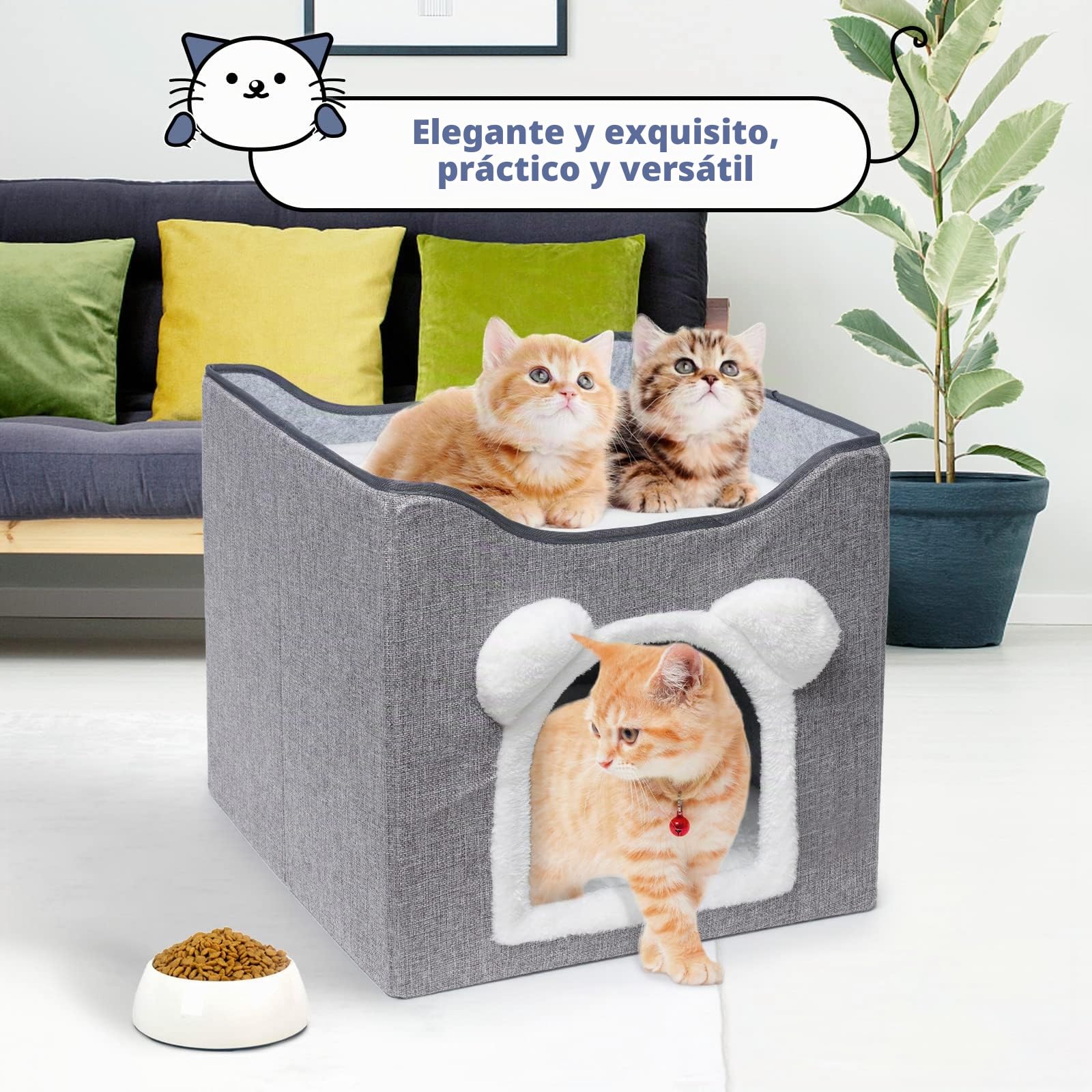 Casa Gatos Interior, Cama para de Interior 40×40×40 cm, diseño con Bola esponjosa Colgante y Alfombra para rascar, escondite Plegable para (Gris)