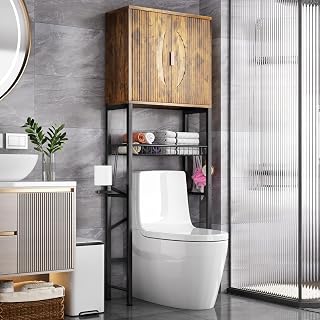 Kalrin Over The Toilet Storage Cabinet with Fluted Wave Doors and Adjustable Shelf, Wood Over Toilet Storage Rack with Drain Basket, Freestanding Bathroom Organizer for Balcony Laundry, Vintage Brown