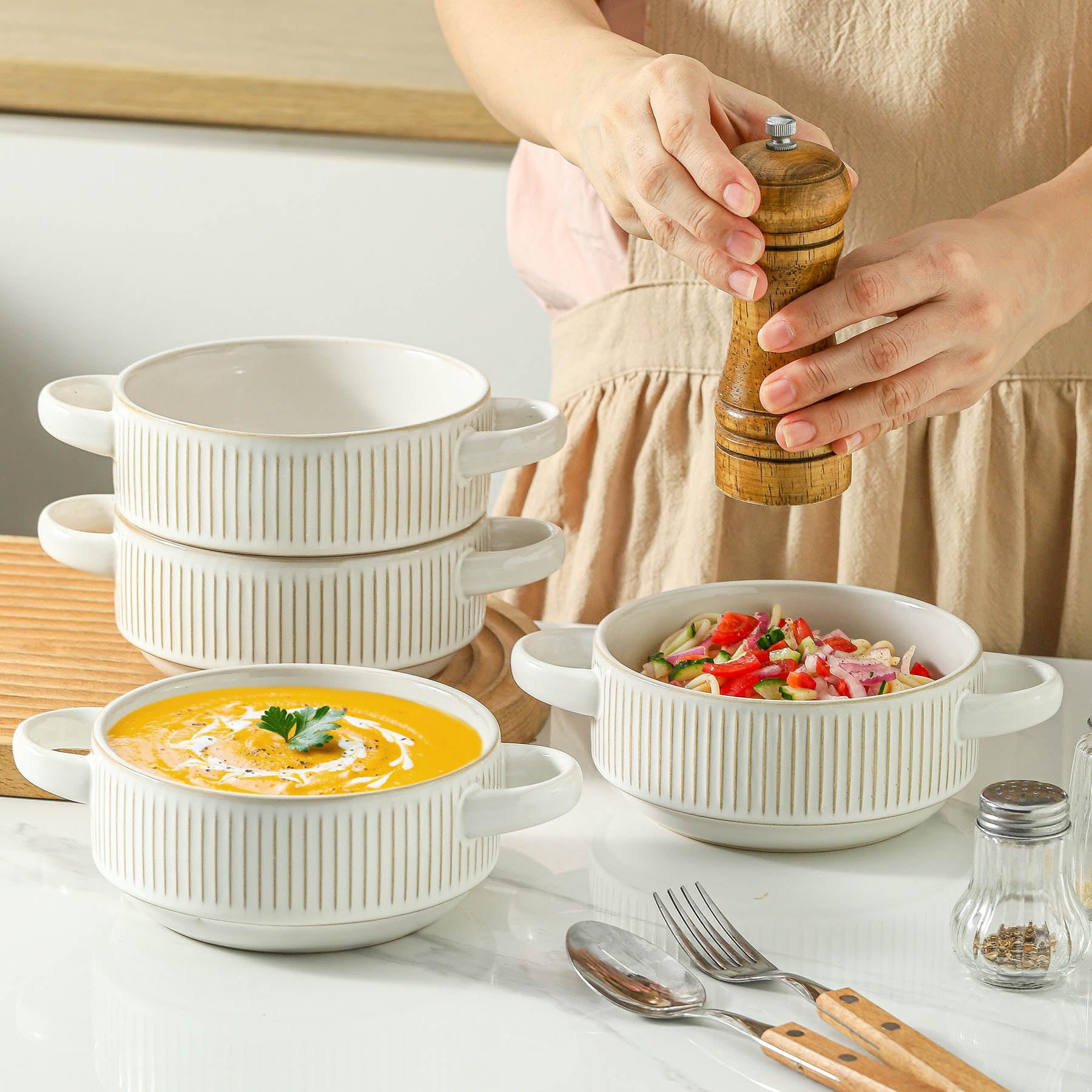 Cuencos de sopa con asas, vasijas de sopa de cebolla francesa de 20 onzas, cuenco de sopa apilable apto para horno para chile, guiso de res, juego de cuencos de cerámica en relieve, 5.4 pulgadas,