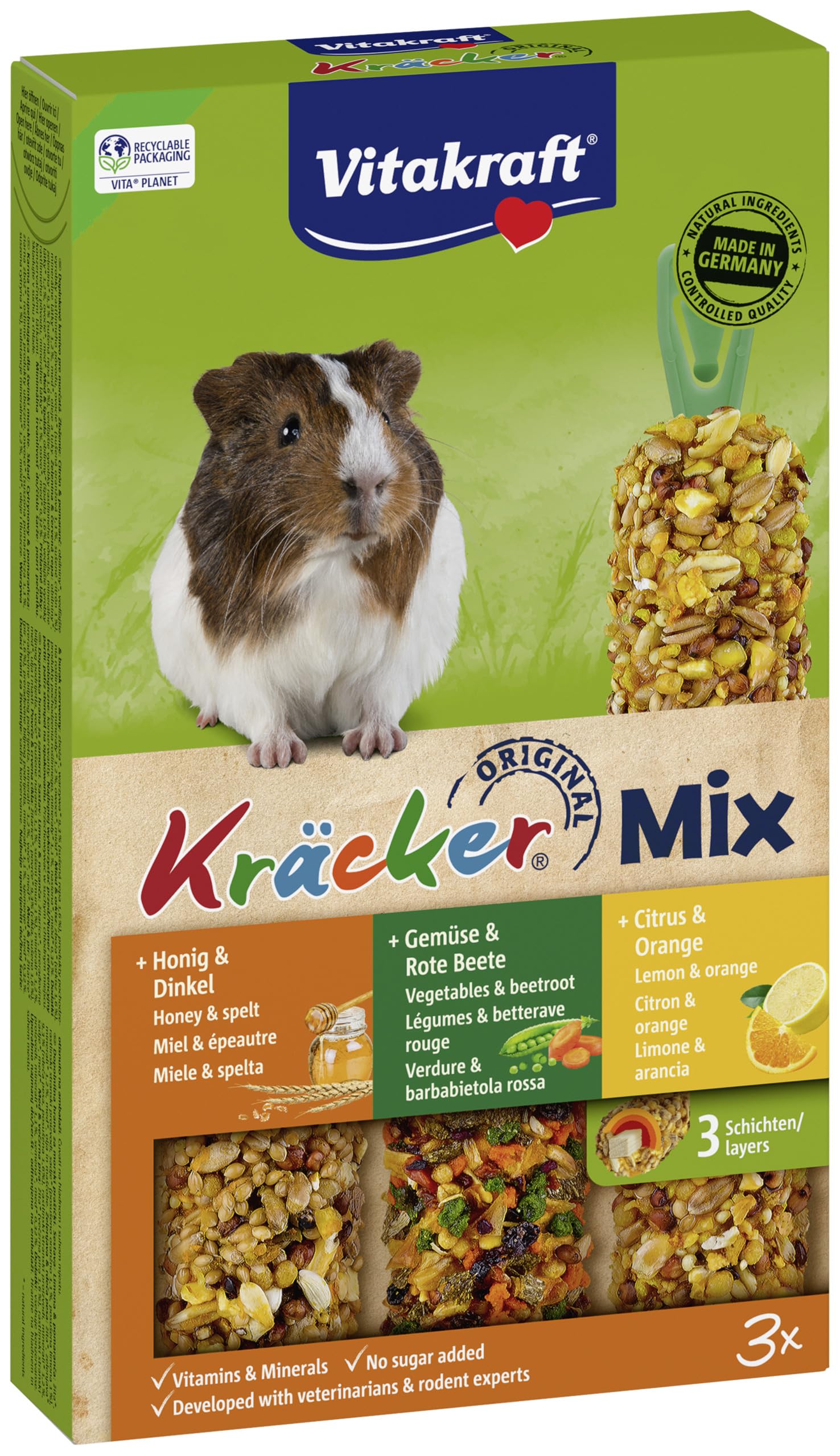 Vitakraft Kräcker Trio Mix Friandise Cochons d'Inde aux agrumes légumes miel - Baguettes vitamines minéraux sans sucre ajouté Lot 10 boîtes 3 baguettes