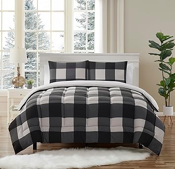 7 Piece Comforter Set Bag Solid Color All Season Soft Down Alternative Blanket & Luxurious Microfiber Bed Sheets, Queen, Buffalo Plaid Black/Gray