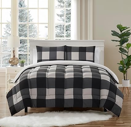 7 Piece Comforter Set Bag Solid Color All Season Soft Down Alternative Blanket & Luxurious Microfiber Bed Sheets, Queen, Buffalo Plaid Black/Gray
