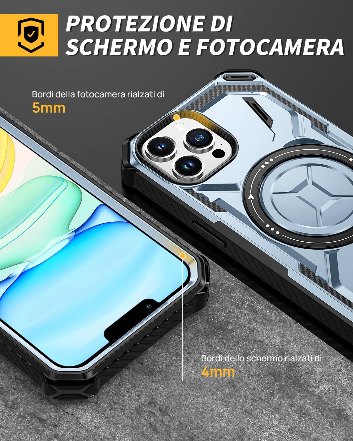 Lanhiem Cover per iPhone 13 Pro Max con 2 Pezzi Vetro Temperato, Supporto Magnetico Anello a 360° Protezione 14FT Antiurto Anticaduta Militare Armor Protezione, Custodia per iPhone 13 Pro Max, Blu