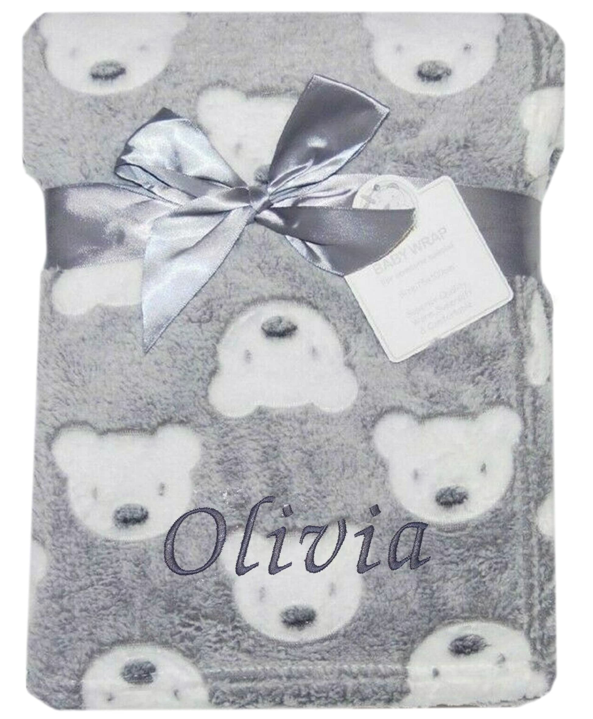 Auneos Men's Grey (For Bear Face) Baby Boy Girl Personalised Blanket Embroidered Name Various Designs Teddy Bear (Grey Bear Face)