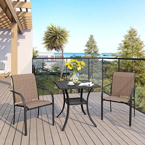 VICLLAX 3 Pieces Patio Dining Set for 2, Outdoor Furniture Set Includes 1 Small Patio Table and 2 Stackable Patio Sling Chairs, Patio Bistro Set for Outsides, Black Table and Brown Chairs