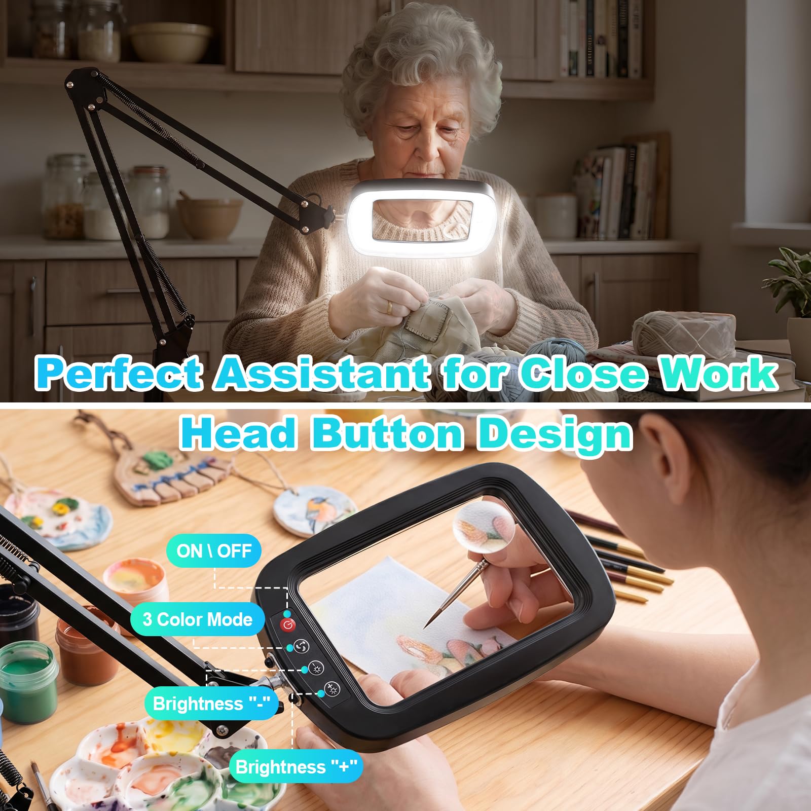 NZQXJXZ Lupa con Luz 10X 30X con Pinza para Lectura y Hobbies | Brazo Flexible 75 cm, Lente Acrílica Grande, 3 Modos de Luz, Brillo Regulable y Pinza Práctica para Uso Manos Libres