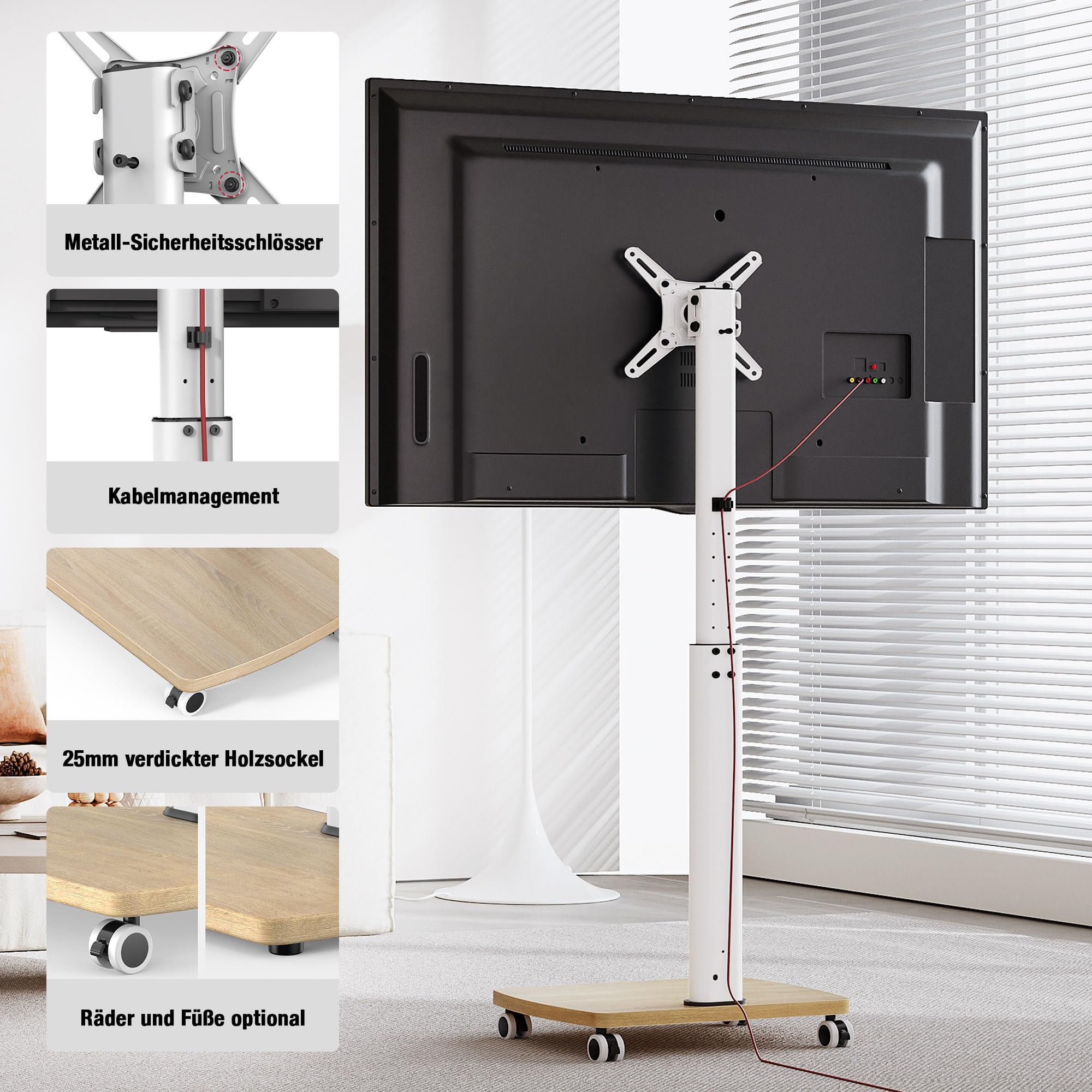 AOKCOS TV Ständer Rollbar mit Holzbasis, Fernsehständer Rotierbar für 19-42 Zoll Fernseher, TV Bodenständer mit Rollen Höhenverstellbar Schwenkbar, bis 20 kg Max. VESA 200x200mm (Weiß+Natur)