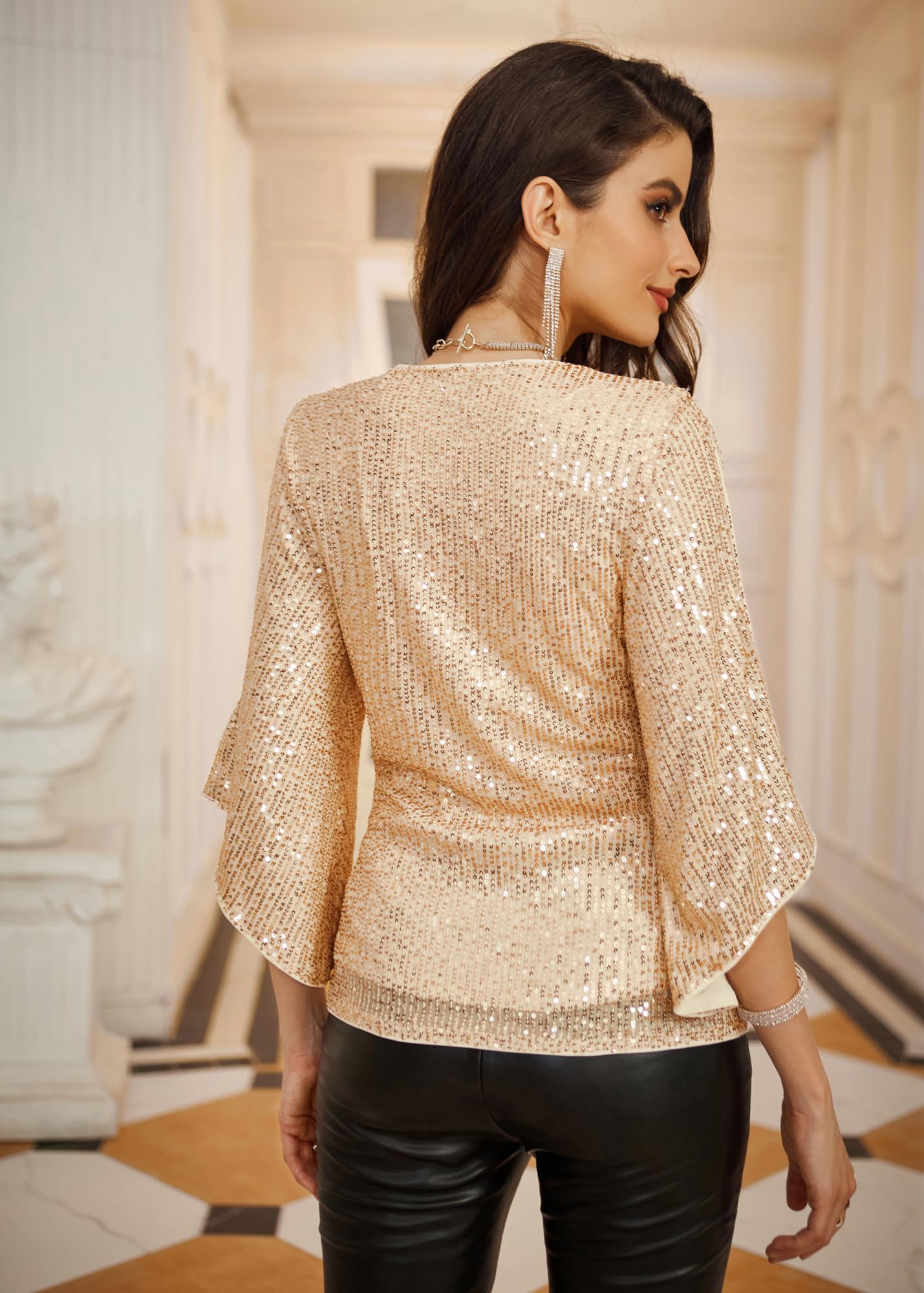 GRACE KARIN Femme Blouse à Paillettes Col Croisé en V Cache-Cœur Pailletté à Manches 3/4 à Taille Plissée Haut à Sequins Chic et Élégant