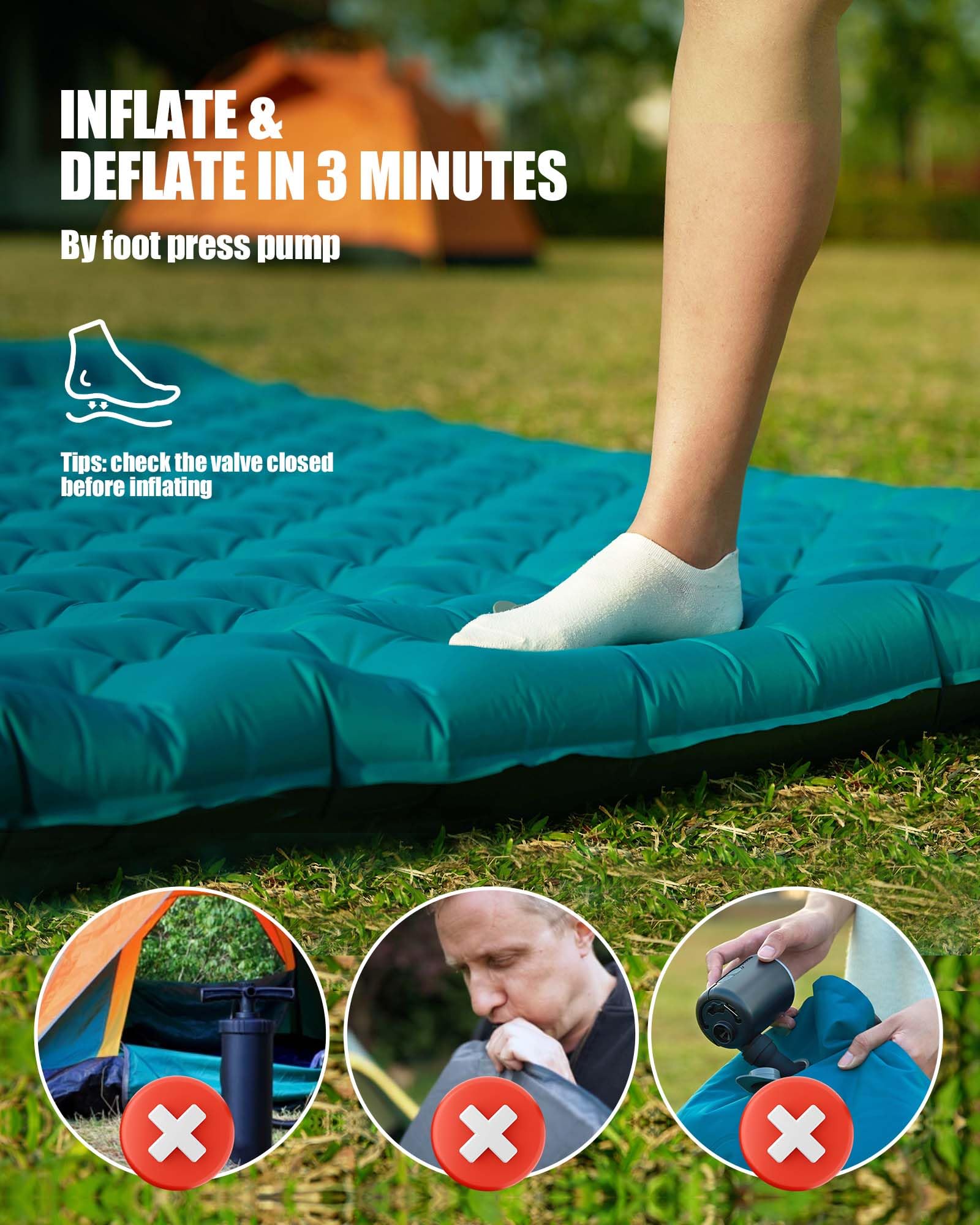 AKSOUL Colchoneta hinchable para acampar: esterilla autoinflable extra gruesa para dos personas con bomba de pie integrada, colchón de aire ligero y ultraancho con cojín para camping, mochilero