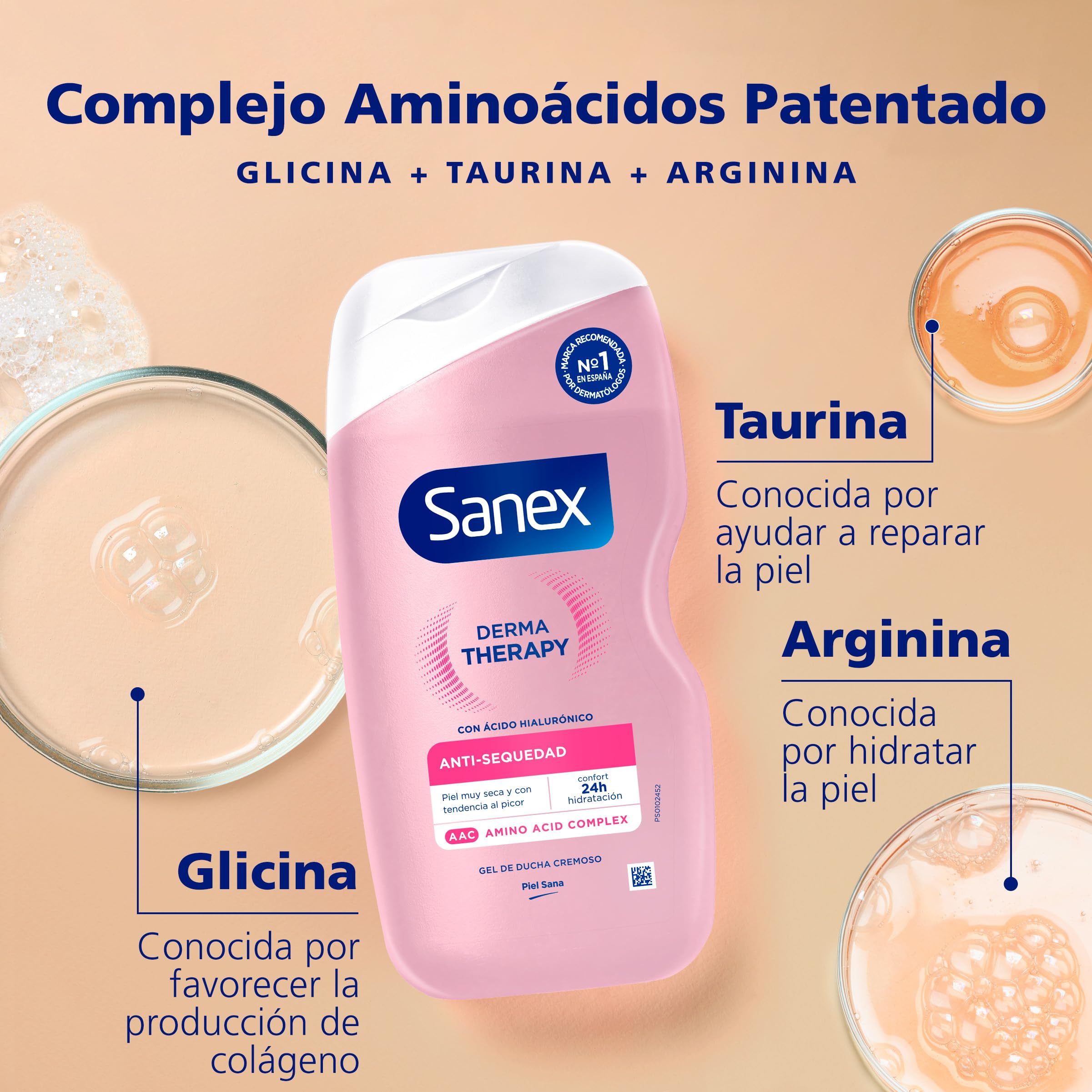 Sanex Derma Therapy Anti-Sequedad Gel de Ducha Cremoso, 6 x 425ml | gel de ducha para piel seca | alivia la sequedad y reduce el picor | complejo de aminoácidos con ácido hialurónico | 0% sulfatos**