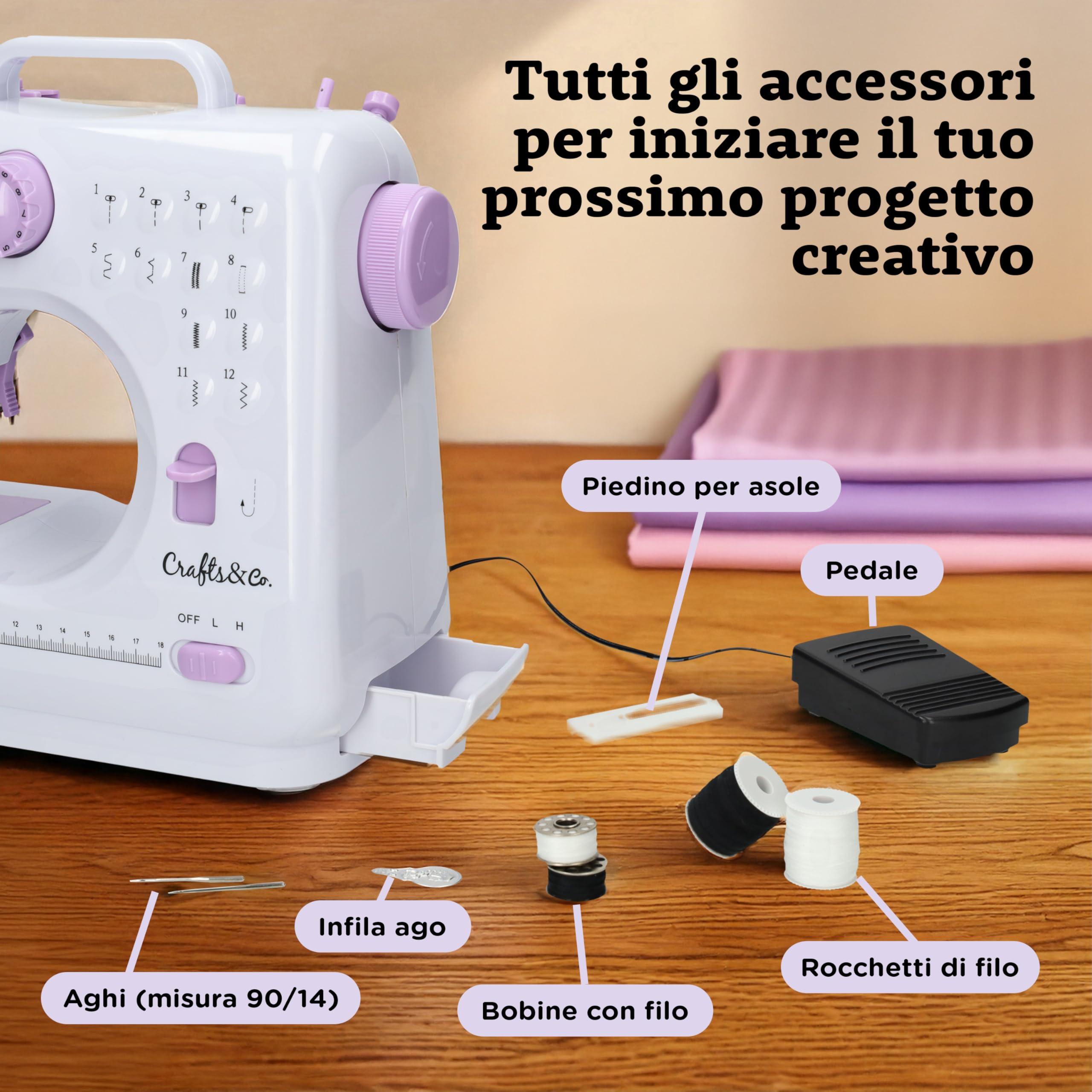 Crafts&Co® Macchina da cucire Principiante | Mini Macchina da cucire con 12 punti incorporati | Macchina da ricamo elettrica Overlock | Funziona a batteria o tramite adattatore | Bianco-viola