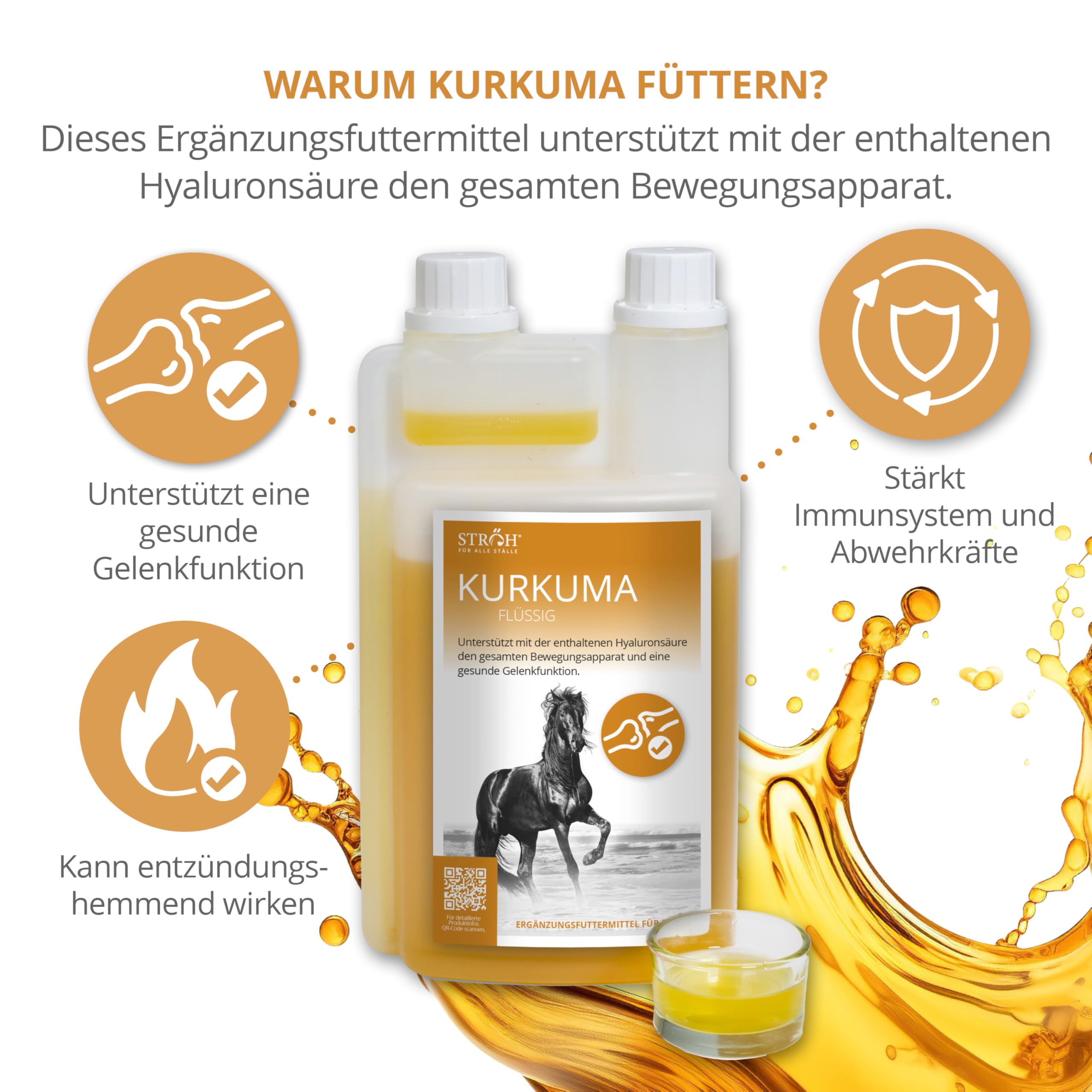 STRÖH Curcuma pour chevaux (flacon doseur de 1 l) • Pour une fonction articulaire saine chez le cheval • Renforce le cartilage, les ligaments, les articulations et les tendons