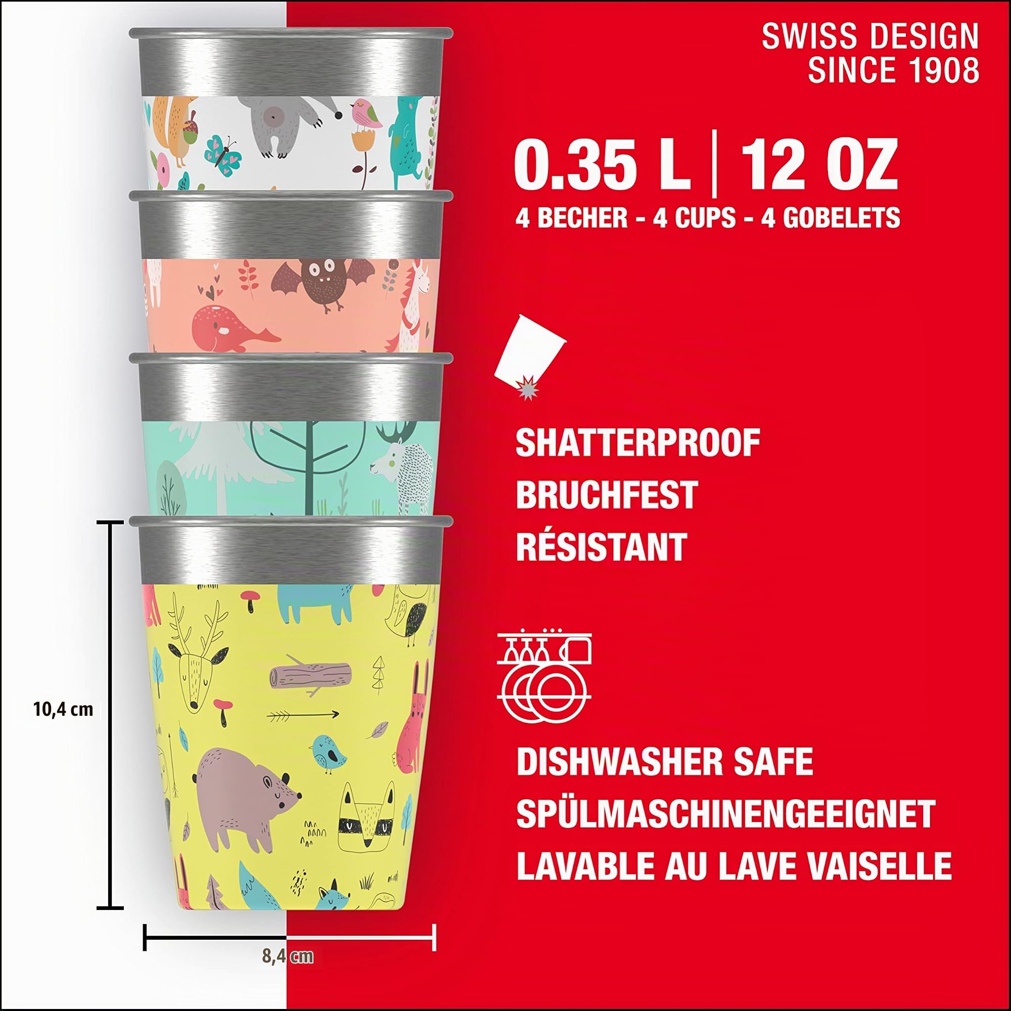 Sigg Set de Gobelets pour Enfant (4 x 0,35 L), Gobelets Réutilisables au Design Coloré pour Filles et Garçons, Verres pour Enfants à Utiliser à la Maison et en Extérieur