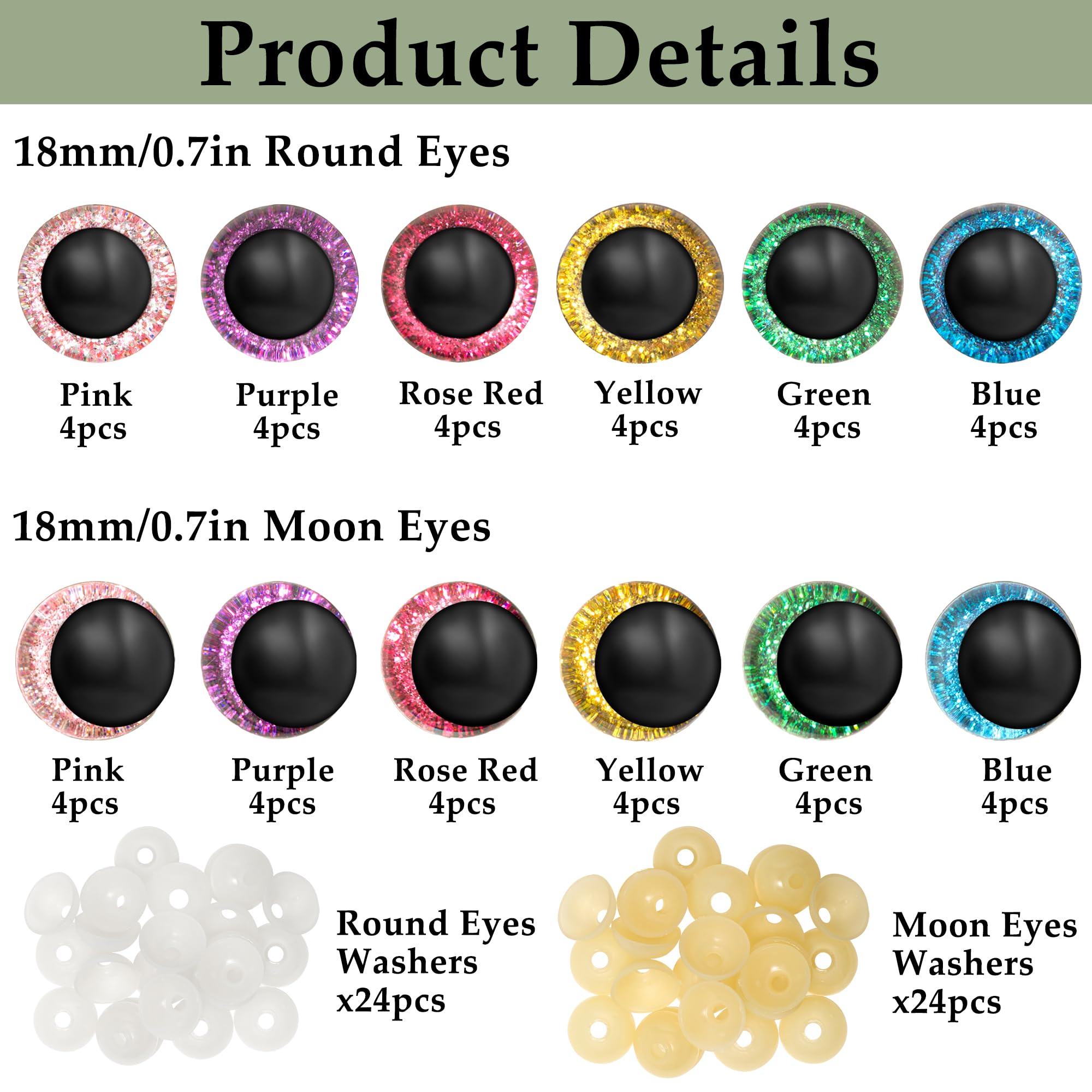 MAOQIAN 96pcs Safety Eyes for Amigurumi, 6 Colors 18mm Large Glitter Safety Eyes with Washers for Crocheting, DIY Crafts, Stuffed Animals