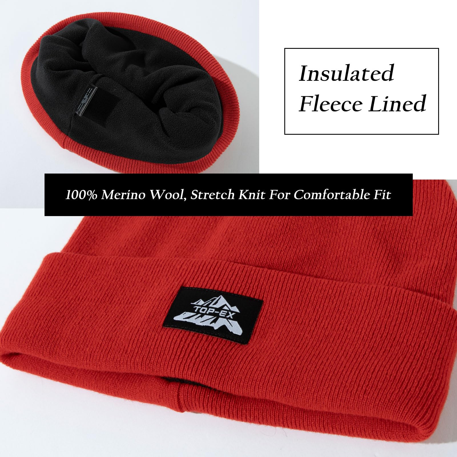 TOP-EX PolarWool™ 100% Merino Wool Beanie Hats for Men Women Warm Winter Hat for Cold Weather Double Layer or Fleece Lined M-XXL