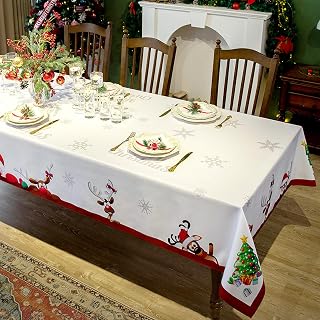 Christmas Tablecloth Rectangle - 52x70 inch - Water Resistant Holiday Decorative Print New Year’s Eve Oblong Cloth Tablecloth - Easy Care Fabric Table Covering for Party, Kitchen, Dining Room, Outdoor