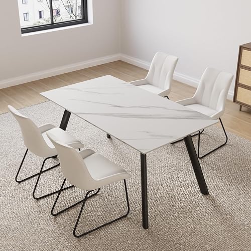 HIPIHOM Modern Dining Table Set for 4, Rectangular White Dining Sintered Stone Table and Chairs Set 4 for Home, Kitchen, Living Room, Dining Room (Table+4 Off-White Chairs)