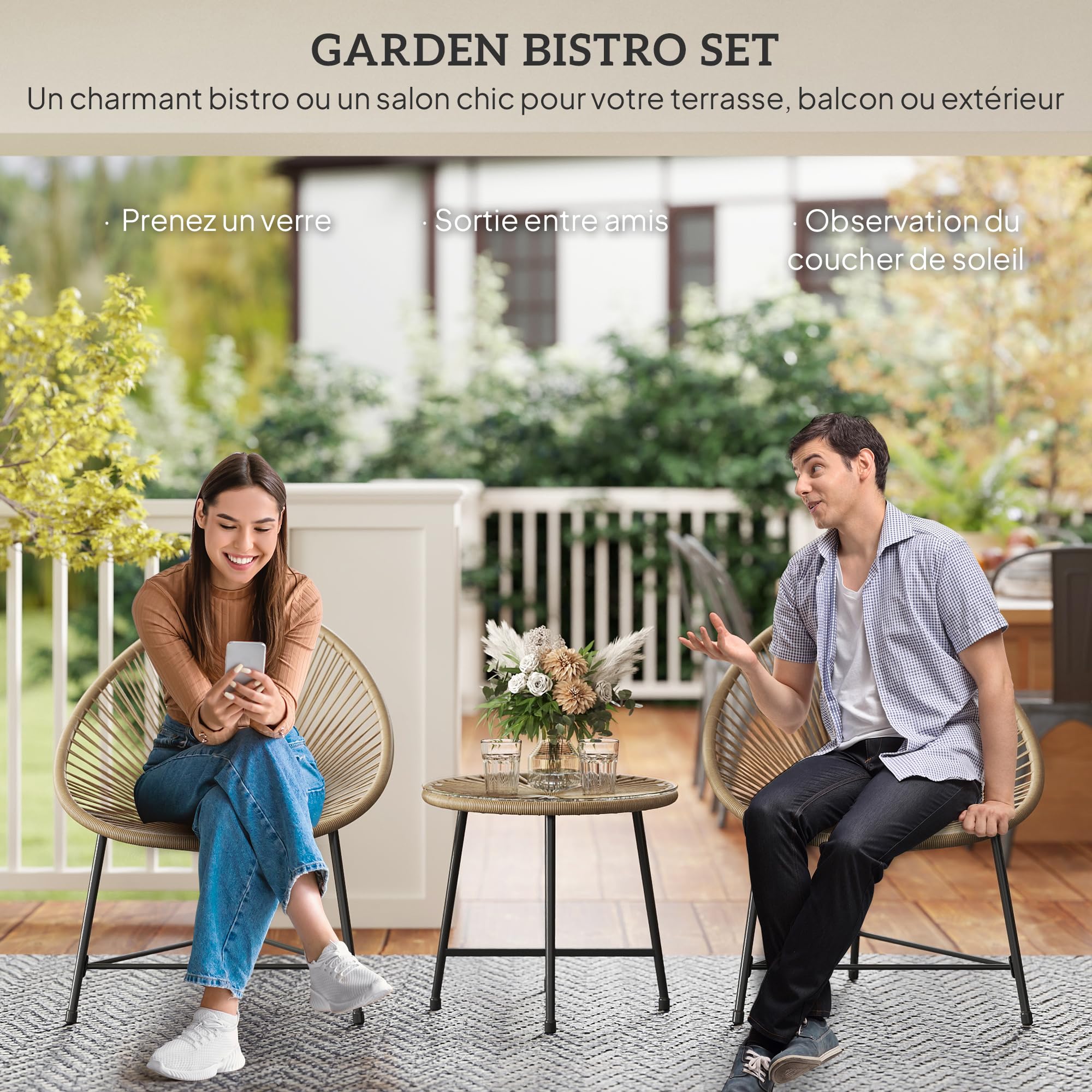 Outsunny Salon de Jardin extérieur en résine tressée 2 Personnes, Table avec 2 chaises, Plateau en Verre trempé, Naturel