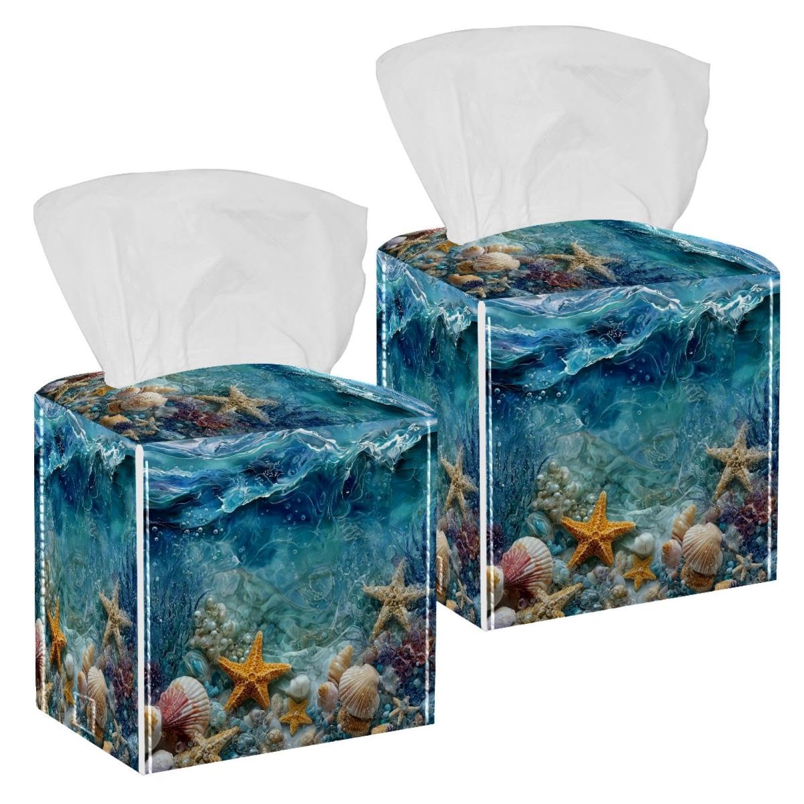 Starfish Underwater Tissue Box Cover, 2 Pack PU Leather Square Facial Tissue Dispenser Box holder for Home Office Car