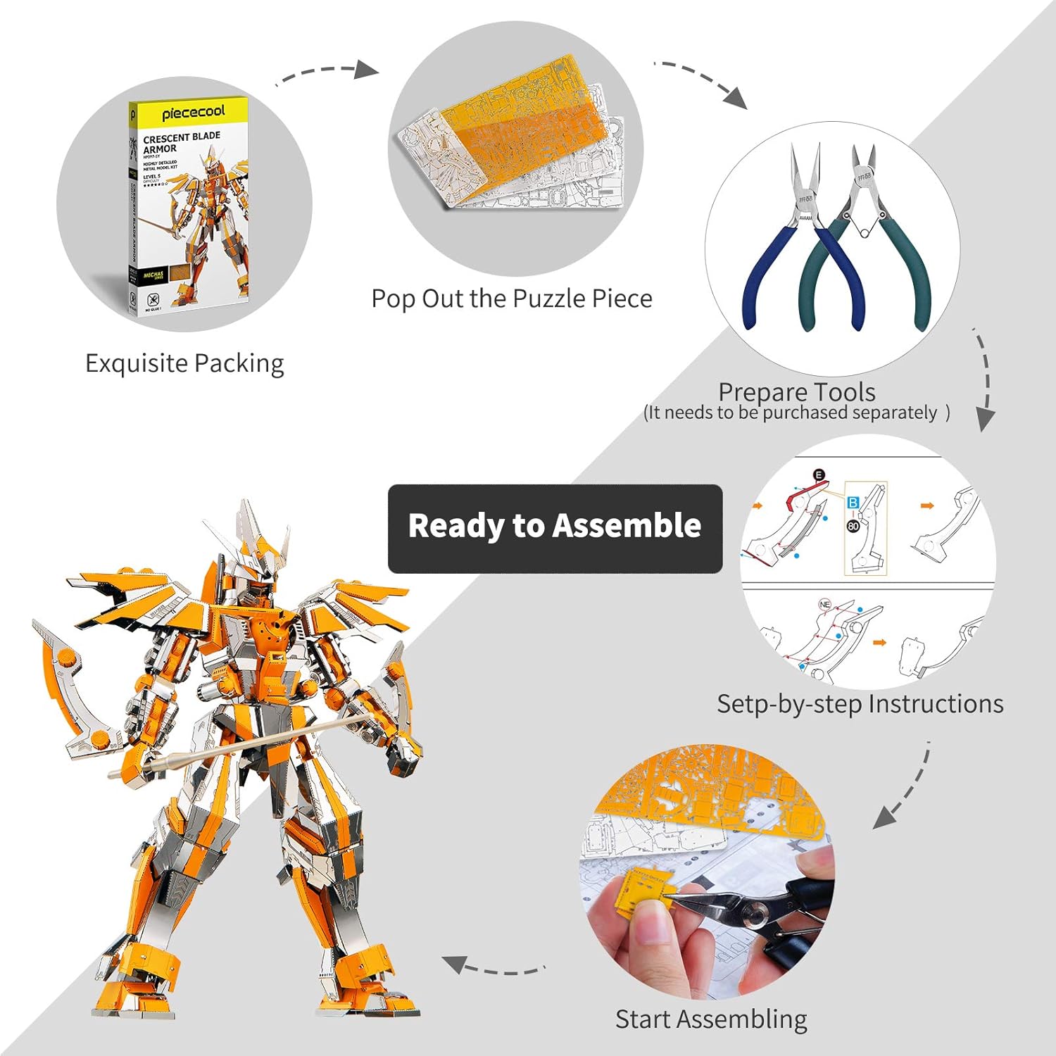 Piececool 3D Puzzles for Adults Metal Mecha Figure Model Kits-Crescent Blade Armor, Building Kit for Teens Great Birthday Gifts, 285 Pcs