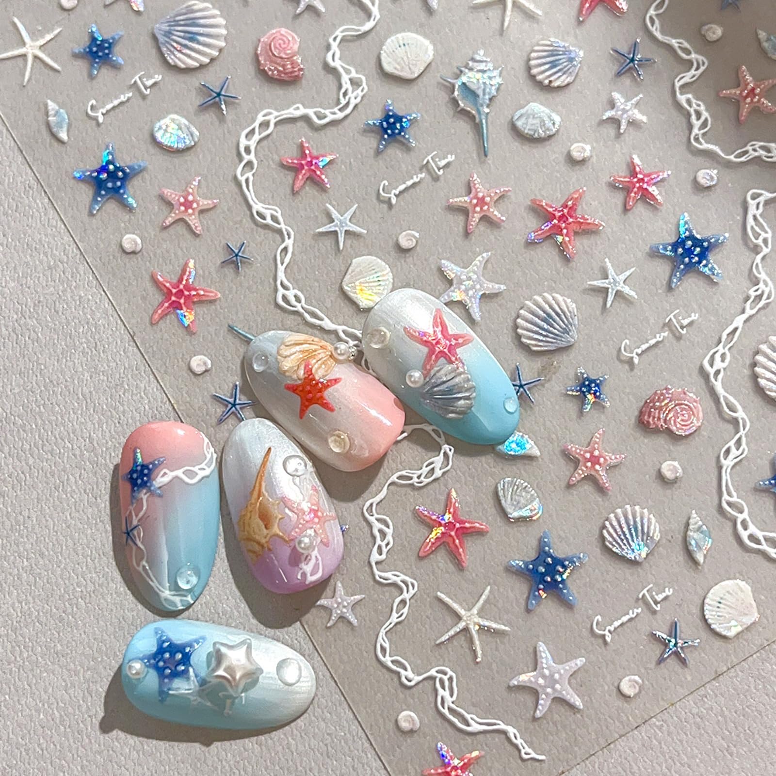 1 Sheet Summer Nail Art Stickers Decals, 5D Embossed Shell Light Ocean Nail Decals Shells Conch Starfish Nail Stickers Self-Adhesive Beach Marine Life