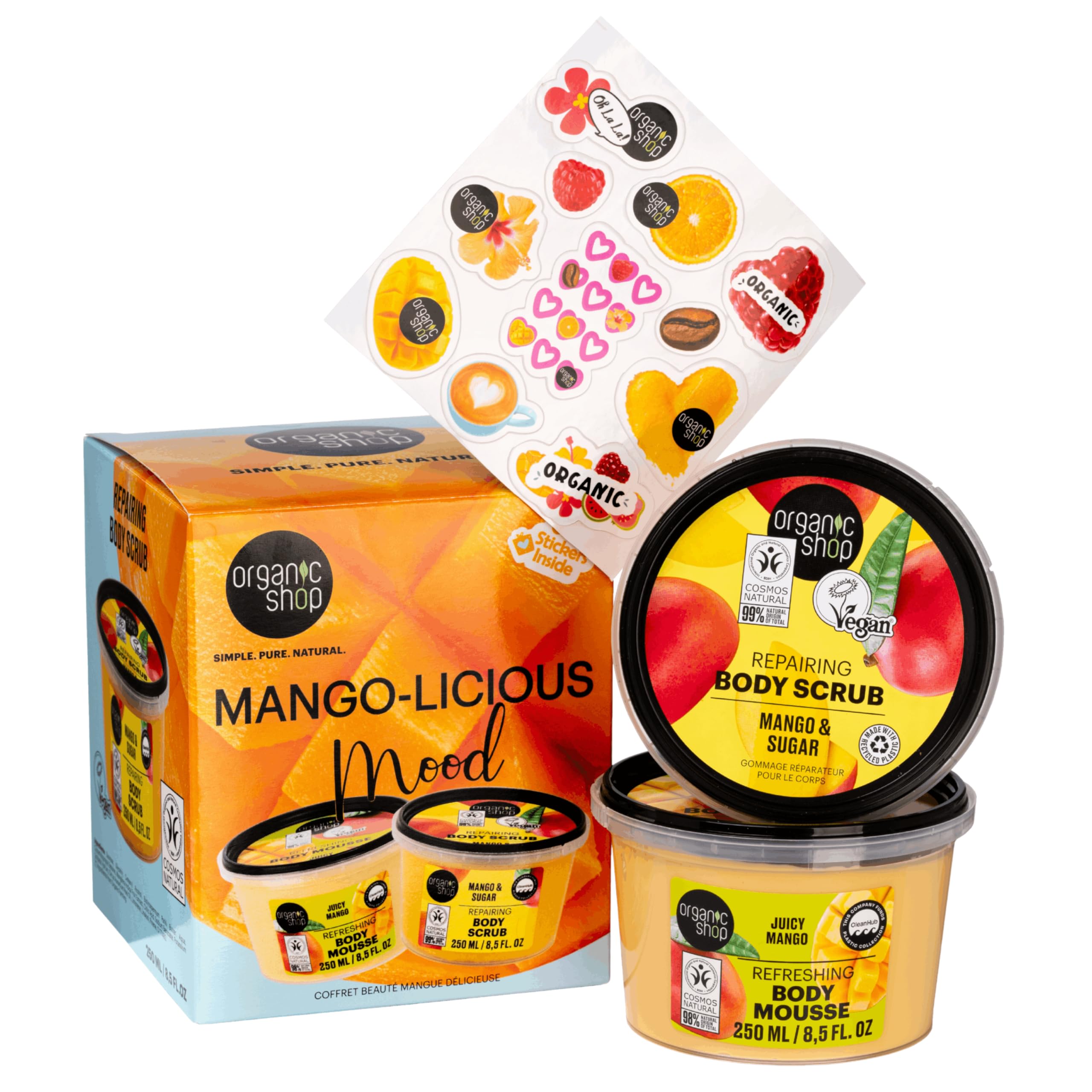 Organic Shop Mango-licious Mood Beauty Gift Set. Featuring Two Full Size Body Products. With Cute Stickers. Vegan Friendly. Clean Hub Verified. 2pcs.