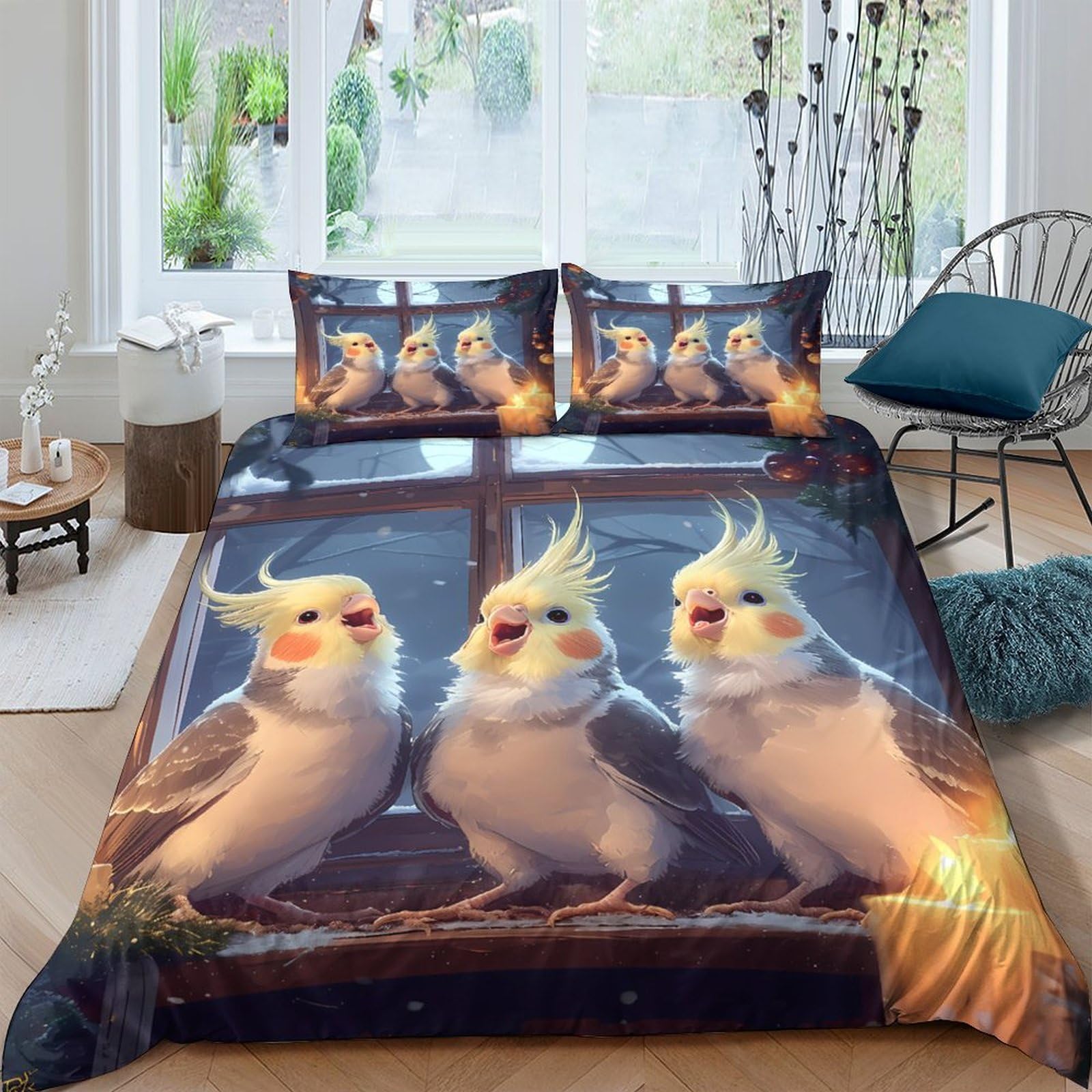 Ctjqhvkz Style-7 3D Printed Cockatiel Bird Fitted Sheet Microfiber Soft Yellow Parrot Bed Cover For Bedroom Guest Room Mattress Decor Single（135X200cm）