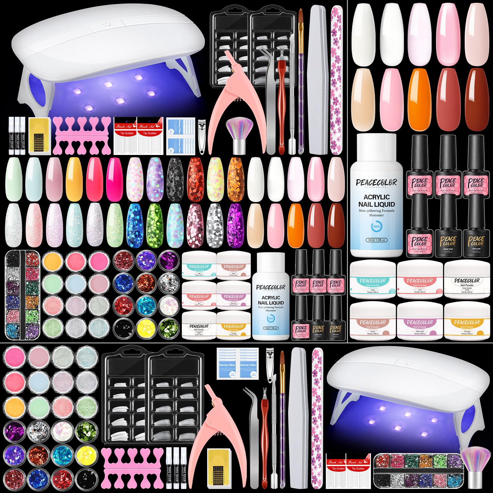 Peacecolor Kit Uñas Acrilicas, 30PCS Acrilico para Uñas Profesional con 30ML Monomero, 4 Colores Pintauñas Semipermanentes con Lampara Uñas, Kit Acrilico Uñas Completo Profesional