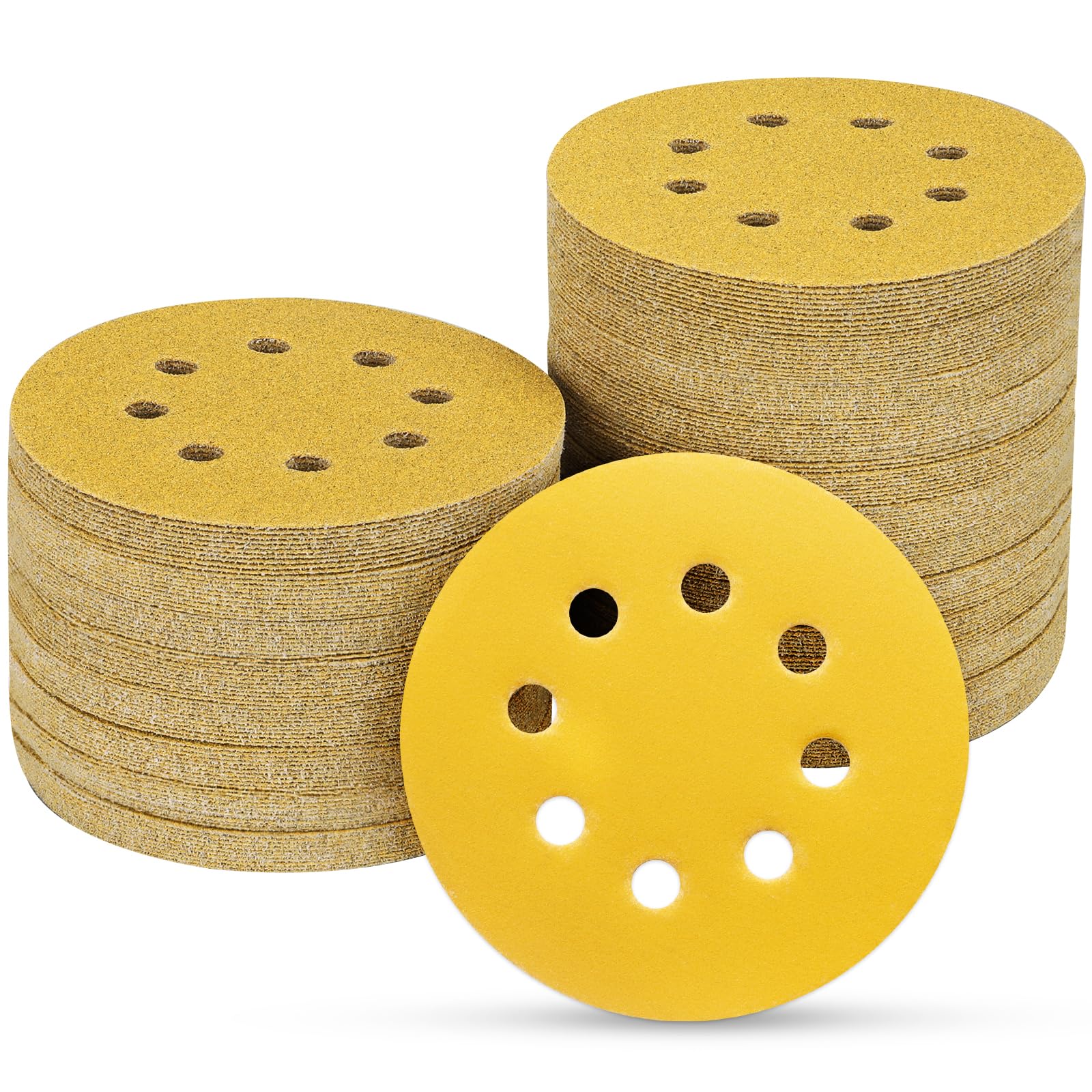 POTUINOM 100PCS 5 Inch 8 Hole Sanding Discs 320 Grit,Gold Round Hook and Loop Sandpaper for Random Orbital Sander