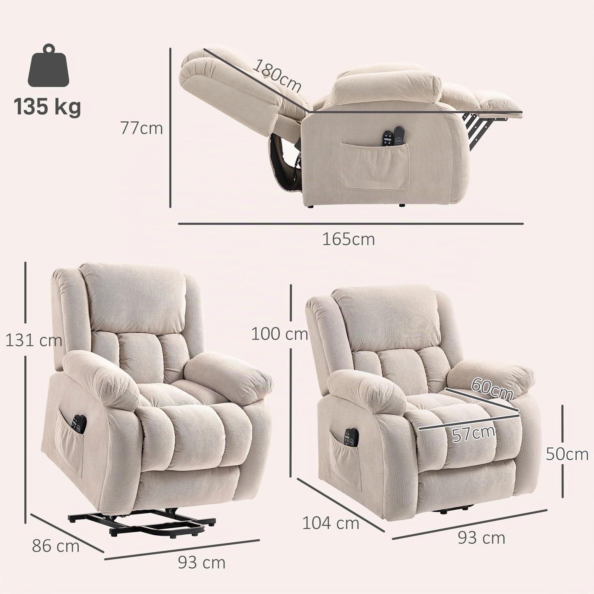 HOMCOM - Silla elevadora eléctrica con función de masaje y calefacción, sillón relax eléctrico con respaldo reclinable, puertos USB, mando a distancia, reposapiés y bolsillo lateral, color beige