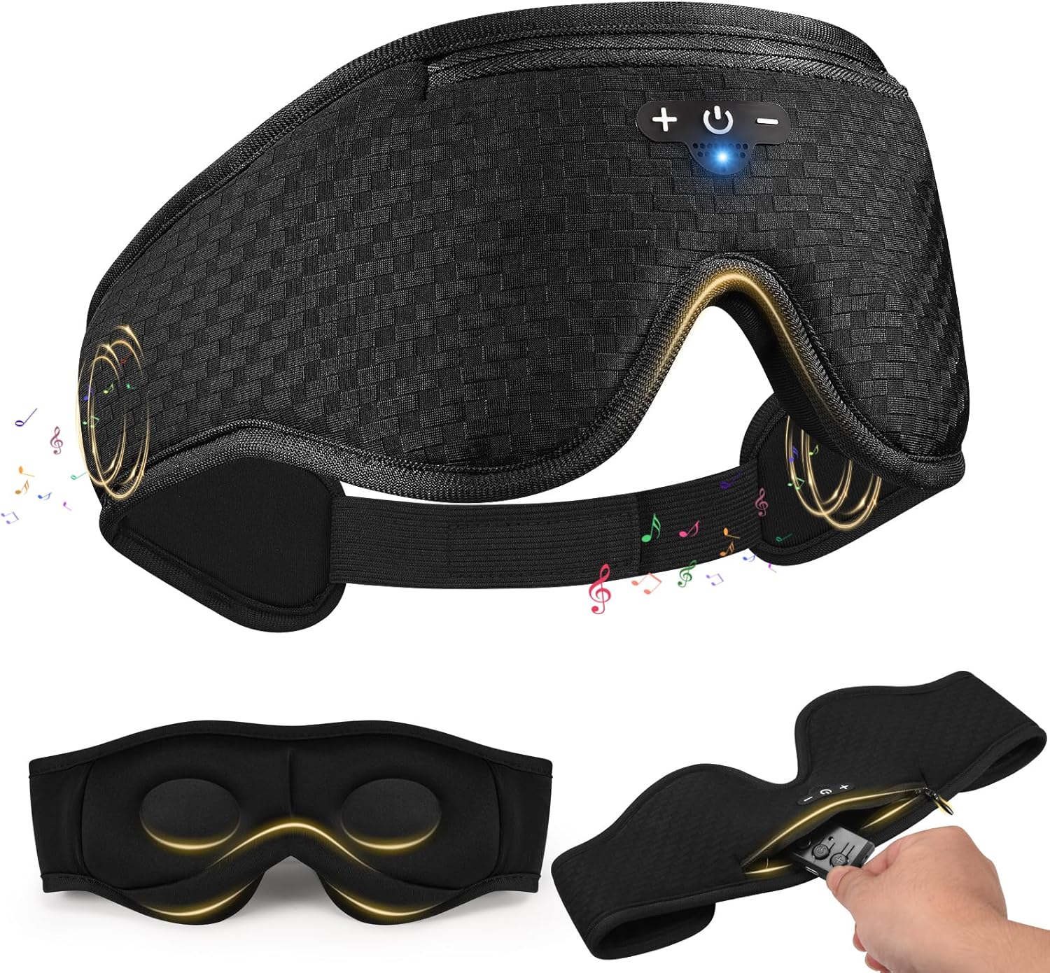 3D Contoured Sleep Mask with Bluetooth Headphones, Adjustable Blackout Sleeping Mask, 1-Hour Timer Sleeping Headphones with Thin Stereo Speakers for Men, Women, Gift - Black