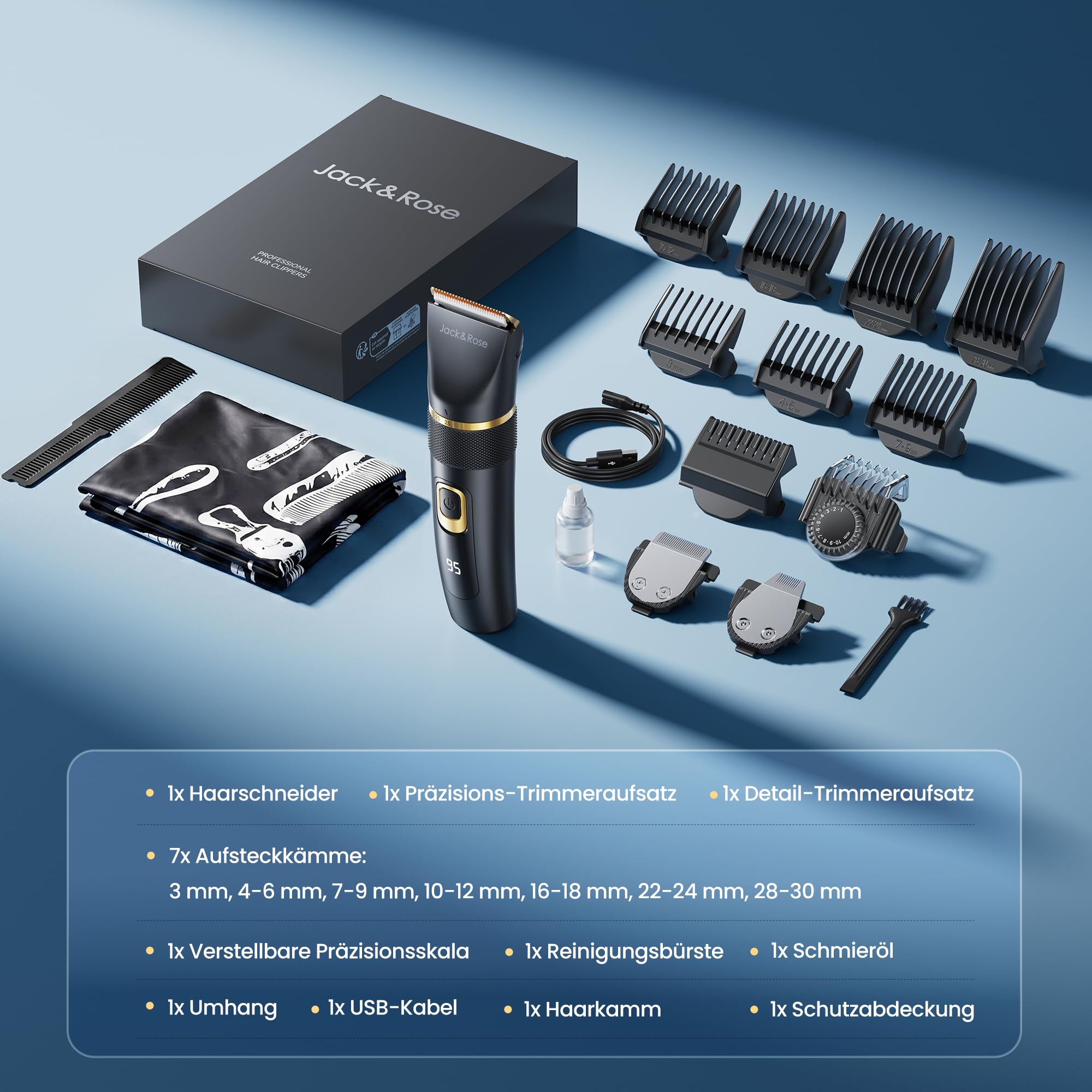 Jack&Rose 3-in-1 Haarschneidemaschine Profi Haarschneider Barttrimmer Kabellos Keramikklinge IPX6 Wasserdicht Wiederaufladbar USB-C