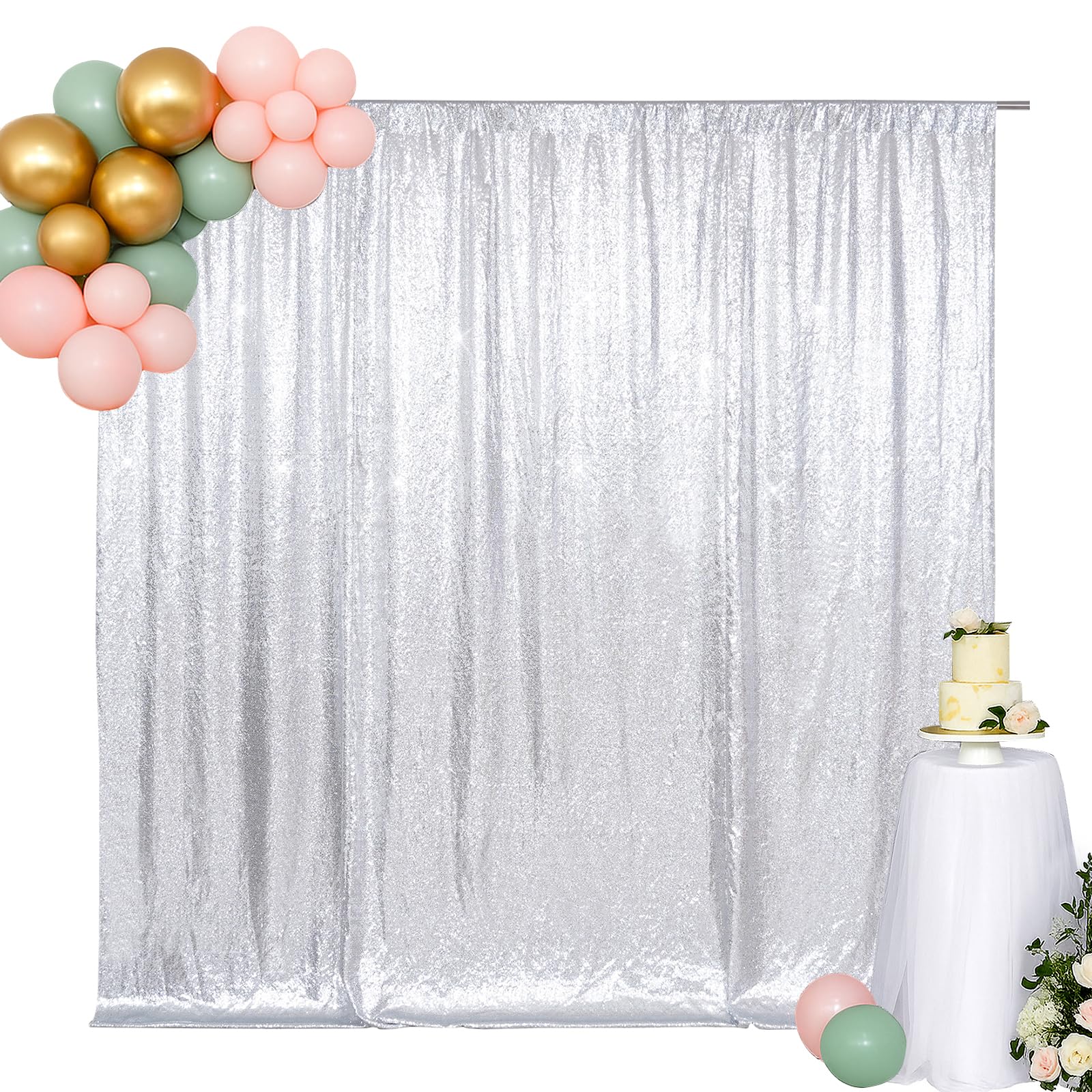 SquarePie 6x8ft Silver Sequin Backdrop for Photography, Satin-Backed Real Sequin Curtain, Enhanced Coverage Shimmering Background with 4" Rod Pocket